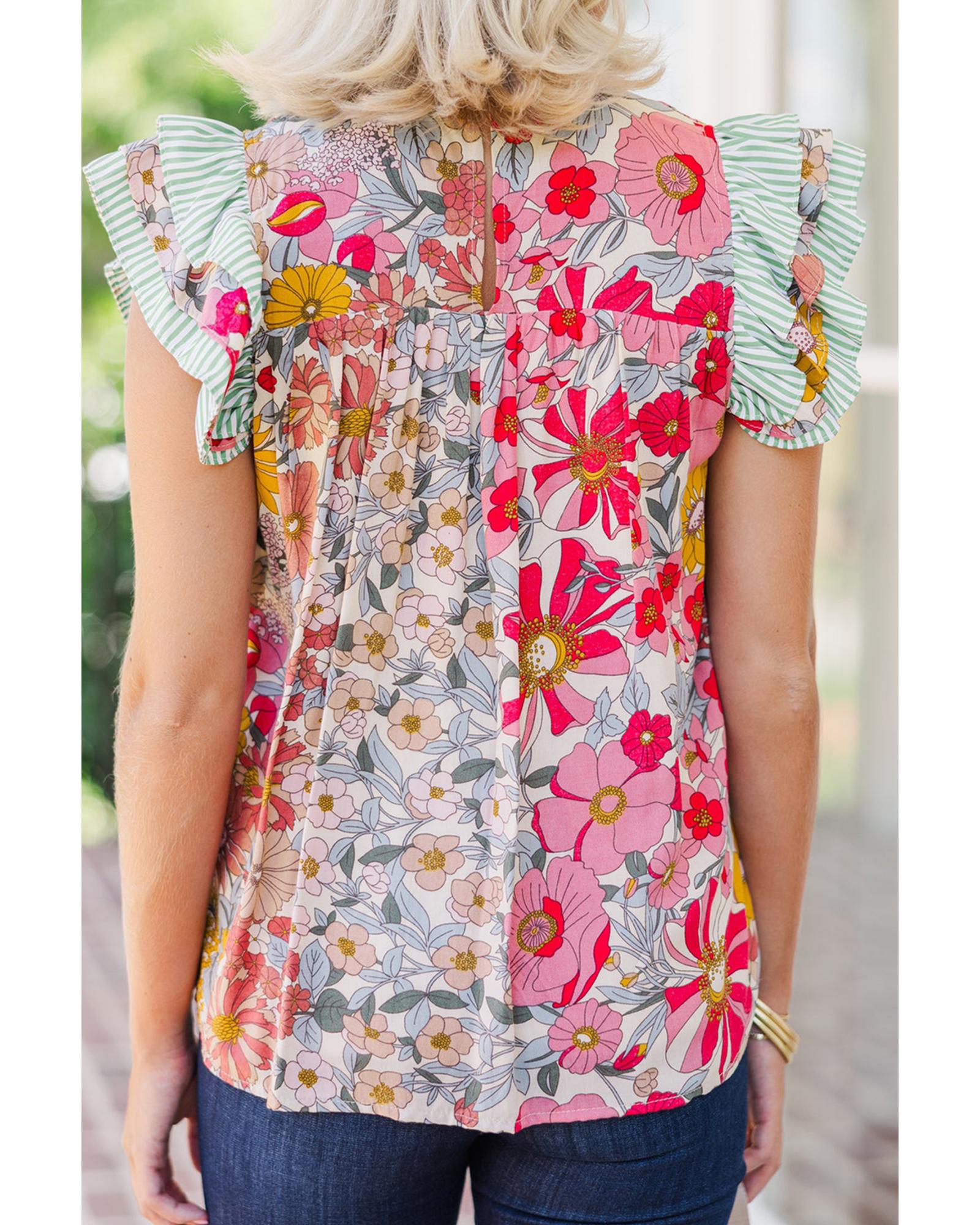 Pink Floral Print Contrast Ruffle Trim Short Sleeve Blouse - S