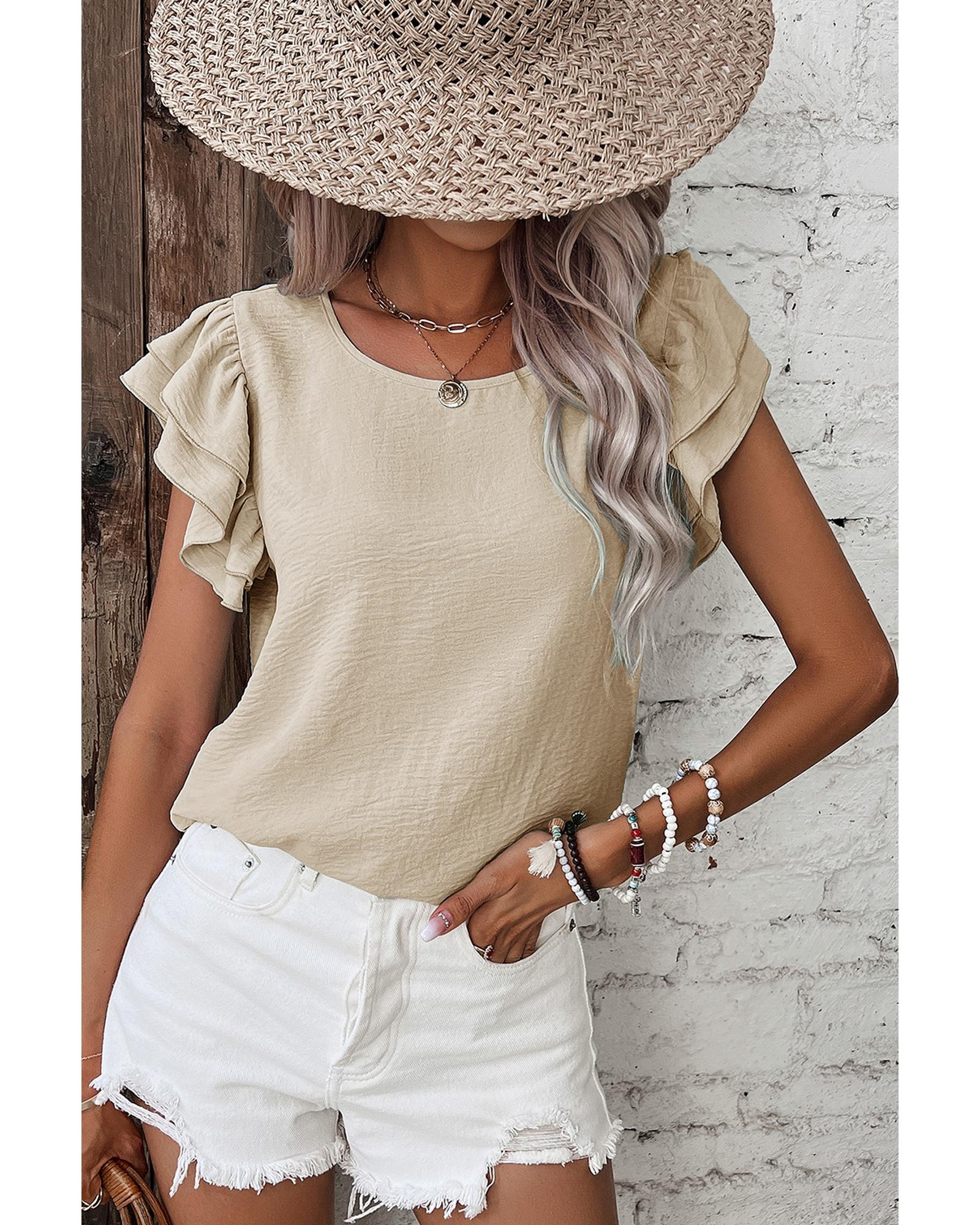V539-AZEXDC25130897-P15-M-202508270850-00 Beige Solid Color Ruffled Short Sleeve Casual Blouse - M - Image 1