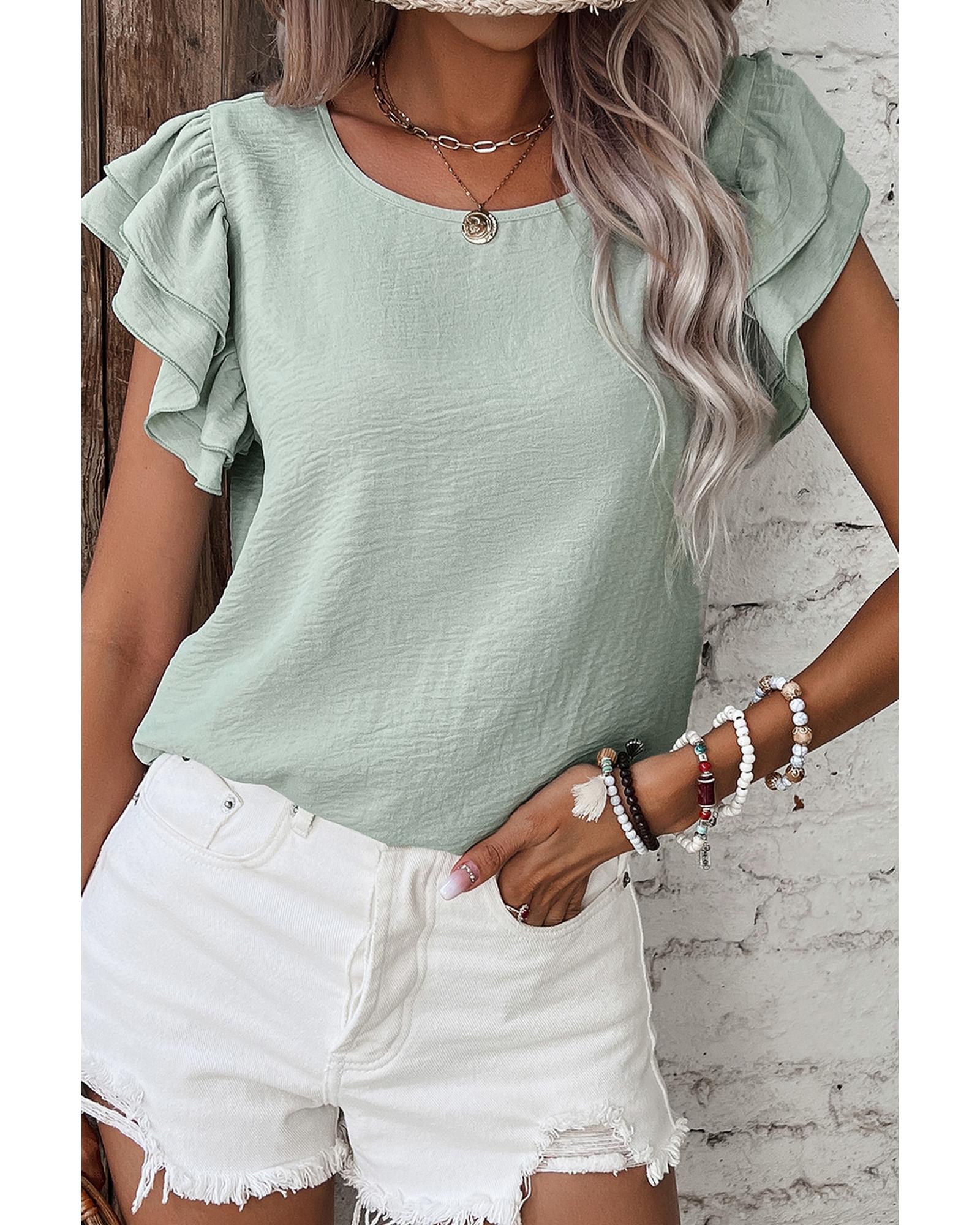 V539-AZEXDC25130897-P2709-S-202506121230-00 Clearly Aqua Solid Color Ruffled Short Sleeve Casual Blouse - S - Image 1