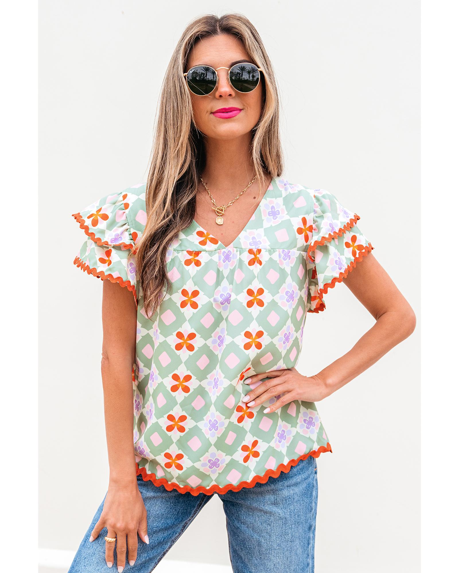 V539-AZEXDC25131561-P920-XL-202508271020-00 Green Geometric Floral Print Layered Flutter Sleeve V Neck Ric Rac Trim Blouse - XL - Image 1