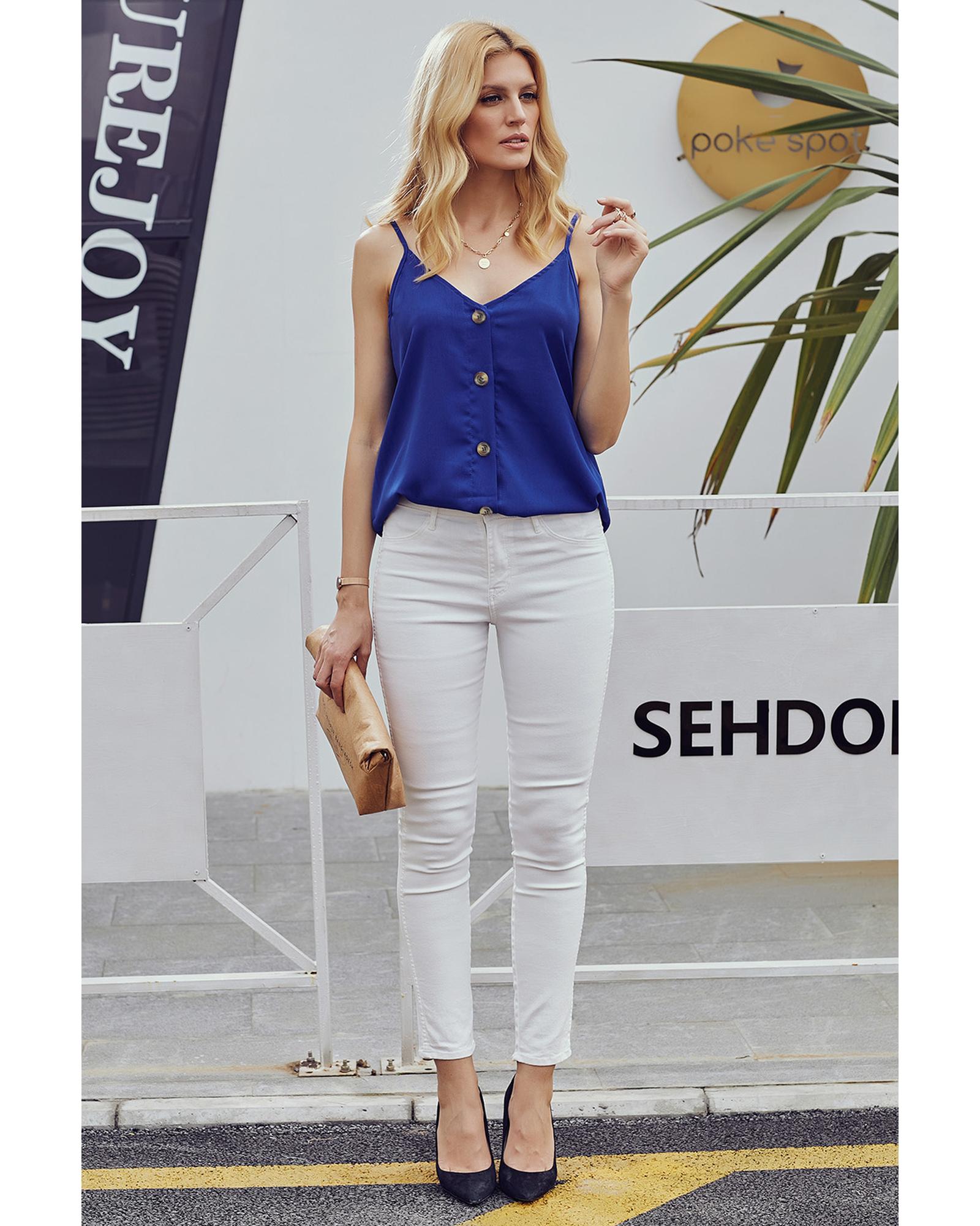 V539-AZEXDC251835-5-L-202508271130-01 Azura Exchange Blue Spaghetti Strap Buttoned Tank Top - L - Image 2