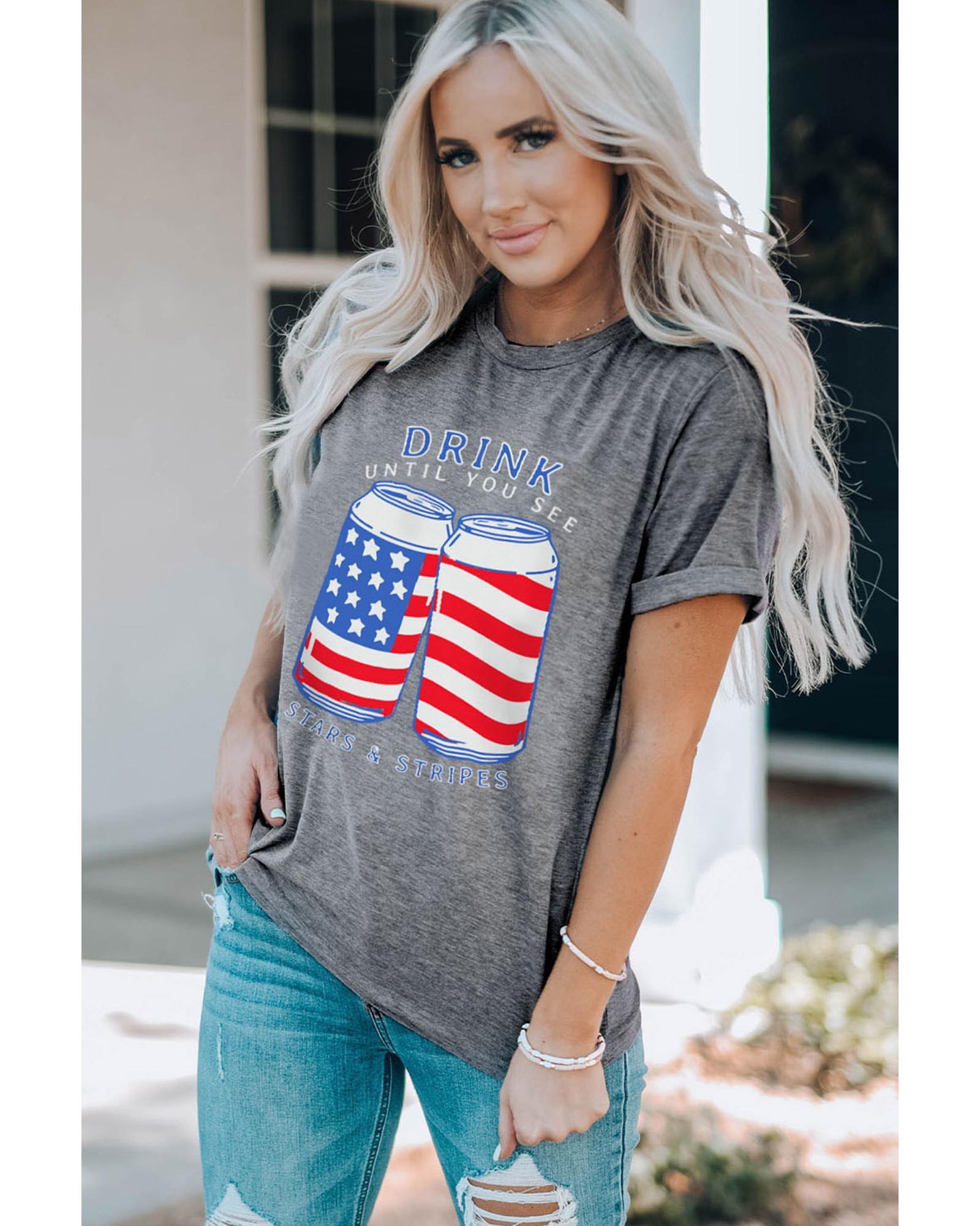 V539-AZEXDC25221759-11-L-202508271500-00 Gray USA Flag Drink Cans Slogan Graphic Tee - L - Image 1