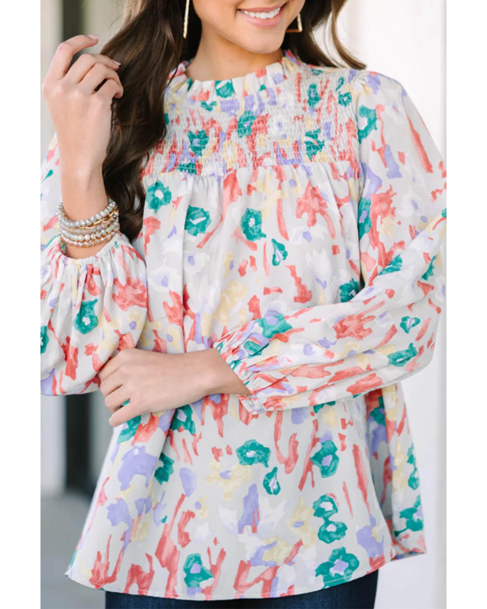 V539-AZEXDC25221948-22-M-202508270720-00 Multicolor Printed Frilled Neck Smocked Loose Blouse - M - Image 1