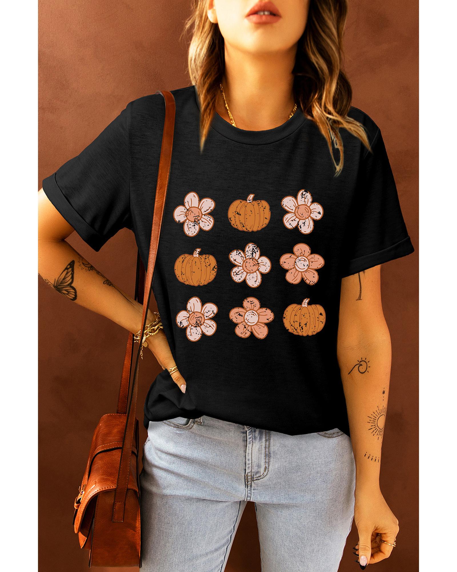 V539-AZEXDC25222240-2-L-202508272210-00 Black Pumpkin Flower Print Short Sleeve Graphic Top - L - Image 1