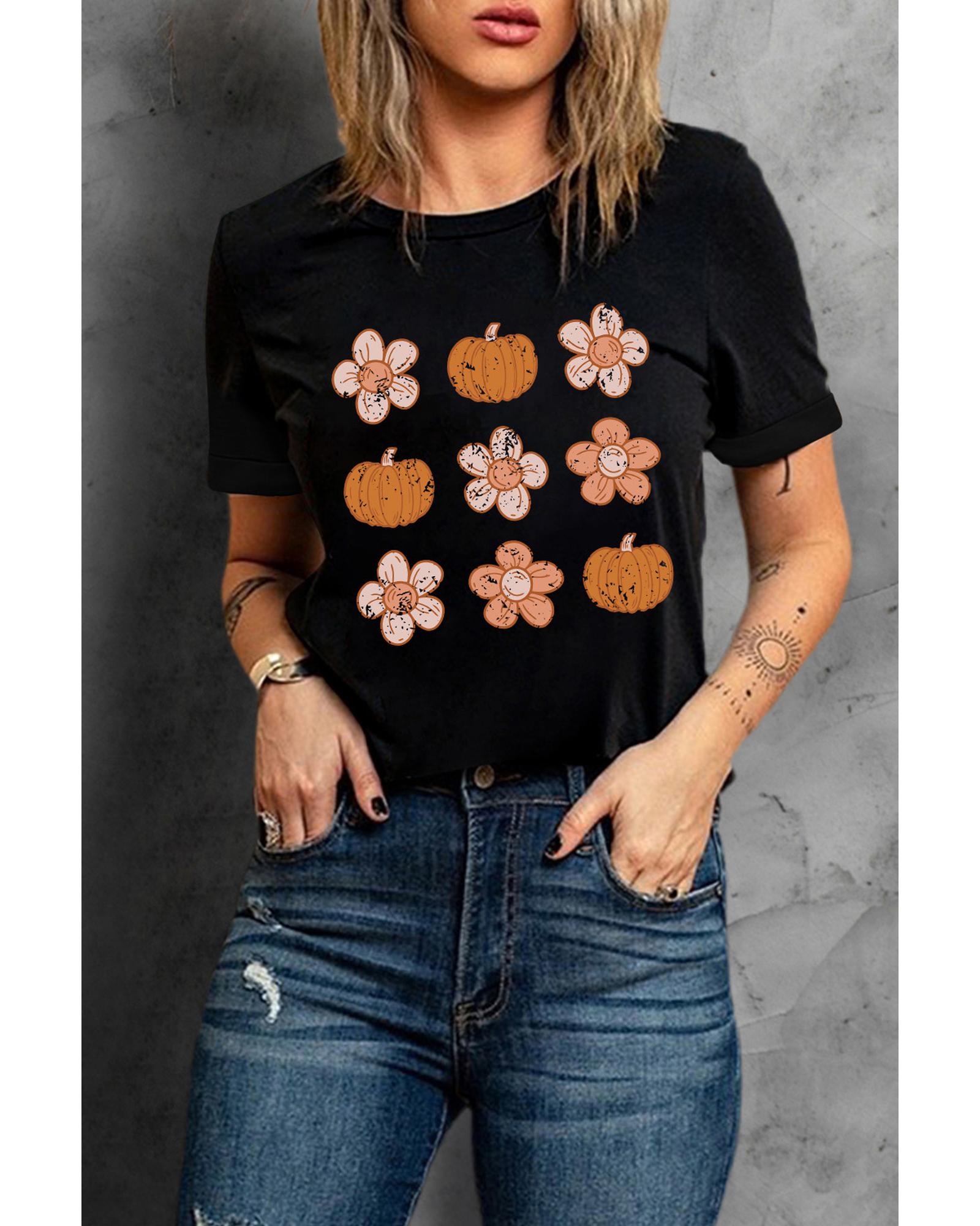 V539-AZEXDC25222240-2-M-202508272330-00 Black Pumpkin Flower Print Short Sleeve Graphic Top - M - Image 1