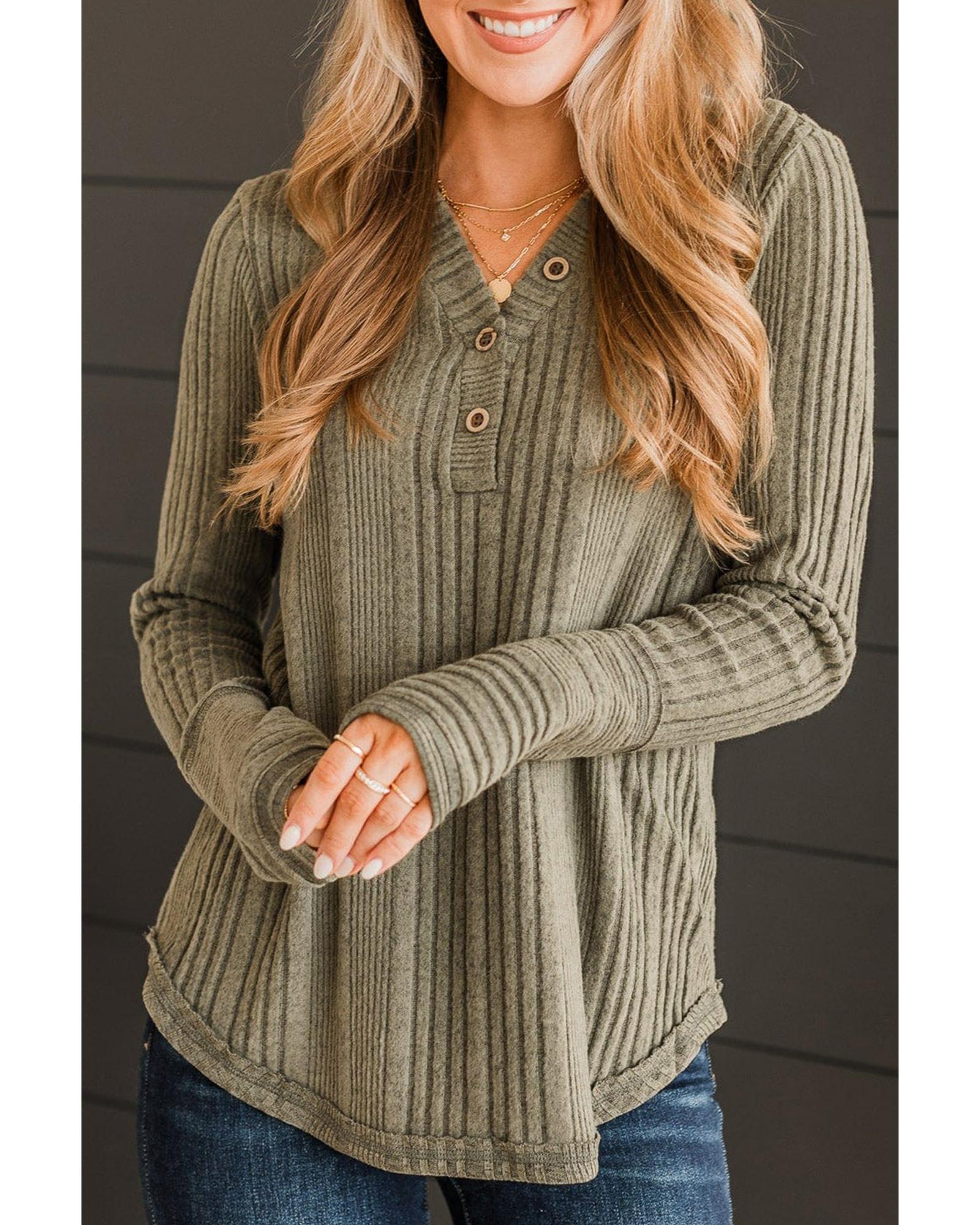 V539-AZEXDC25222851-P609-S-202506121342-01 Jungle Green V Neck Buttoned Ribbed Knit Top - S - Image 2