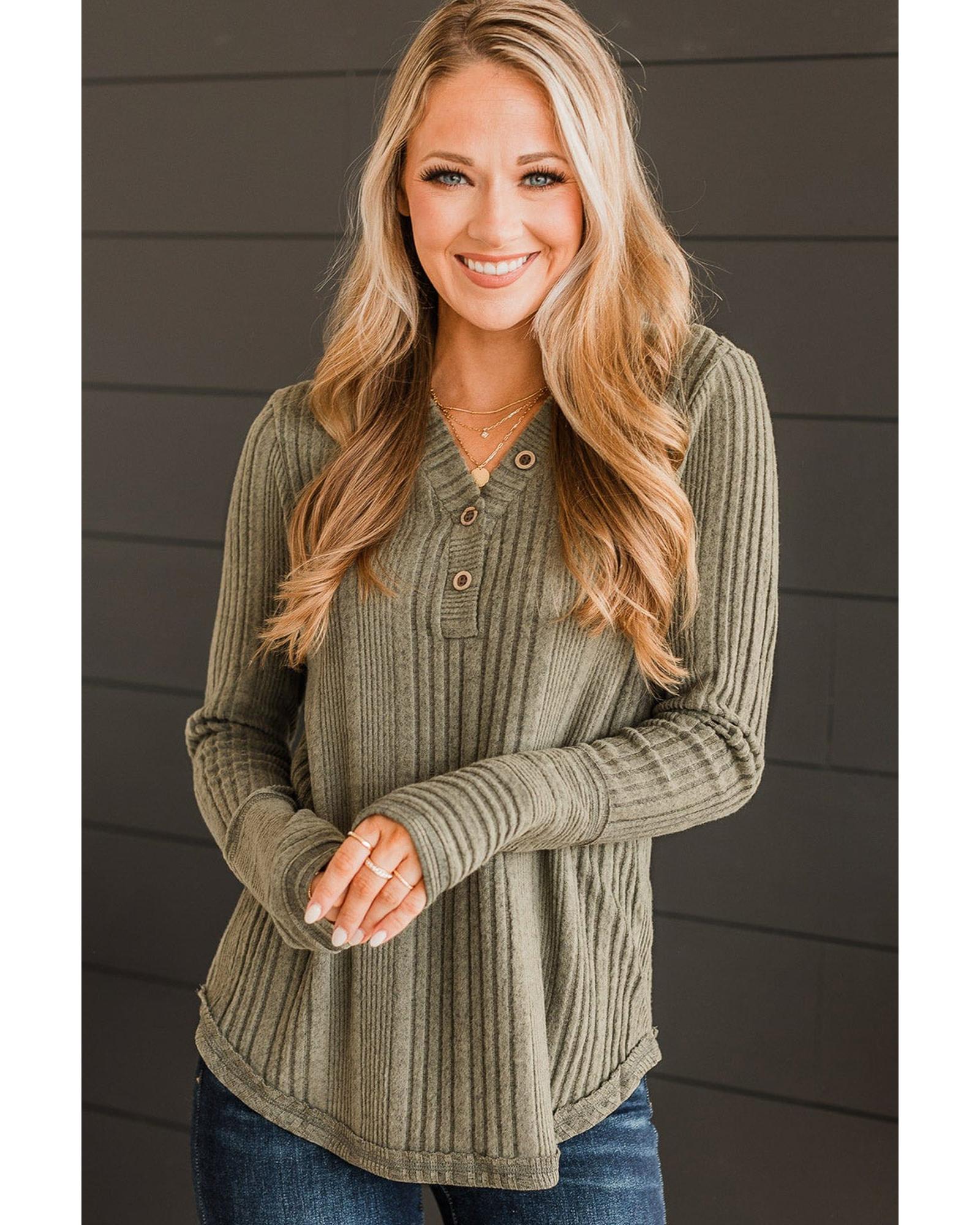 V539-AZEXDC25222851-P609-S-202506121342-03 Jungle Green V Neck Buttoned Ribbed Knit Top - S - Image 4