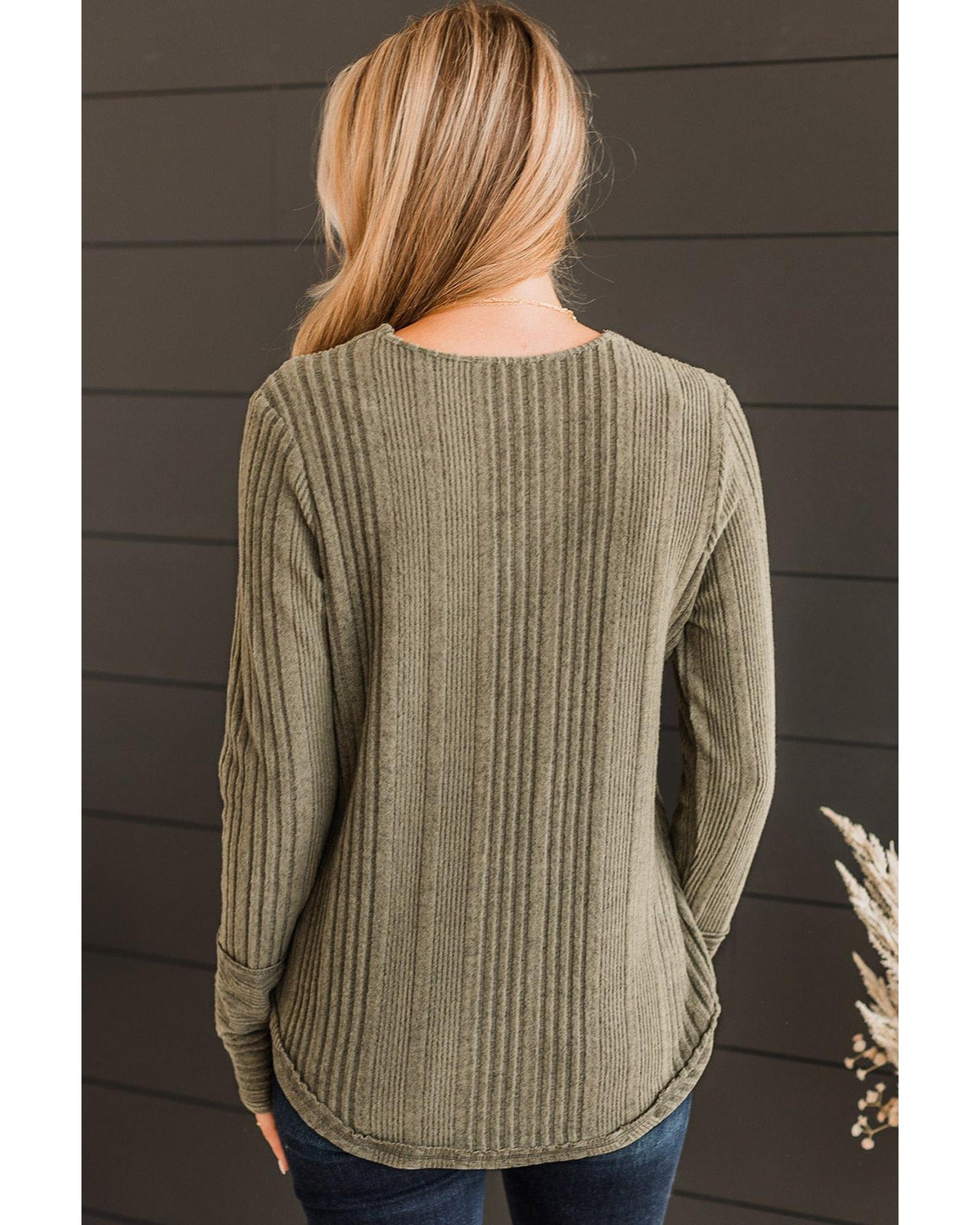 V539-AZEXDC25222851-P609-S-202506121342-04 Jungle Green V Neck Buttoned Ribbed Knit Top - S - Image 5
