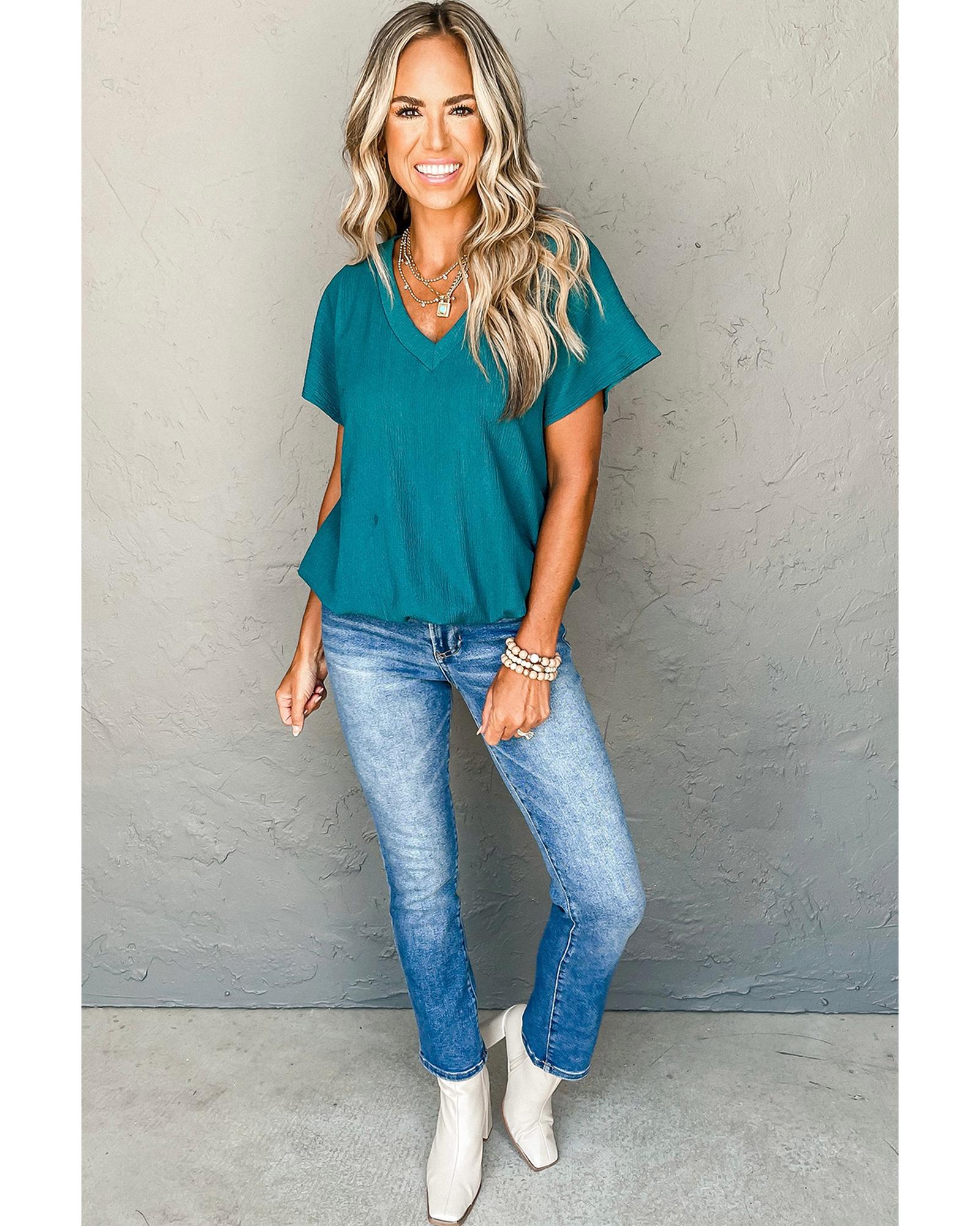 V539-AZEXDC25223652-P805-M-202508271940-00 Blue Sapphire Crinkled V Neck Wide Sleeve T-shirt - M - Image 1