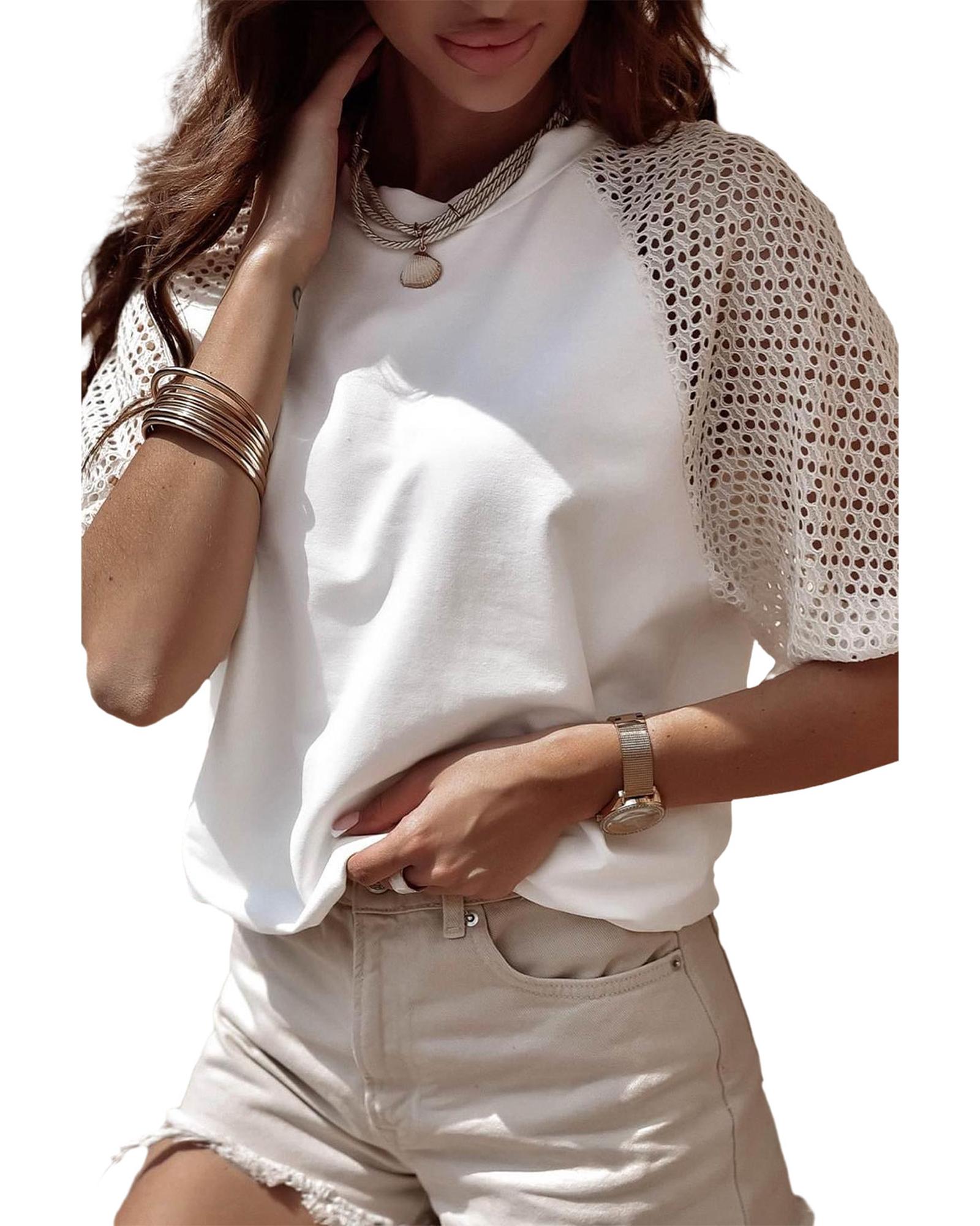 V539-AZEXDC25223658-P1-XL-202508270220-00 White Pointelle Lace Half Sleeve Crew Neck Tee - XL - Image 1