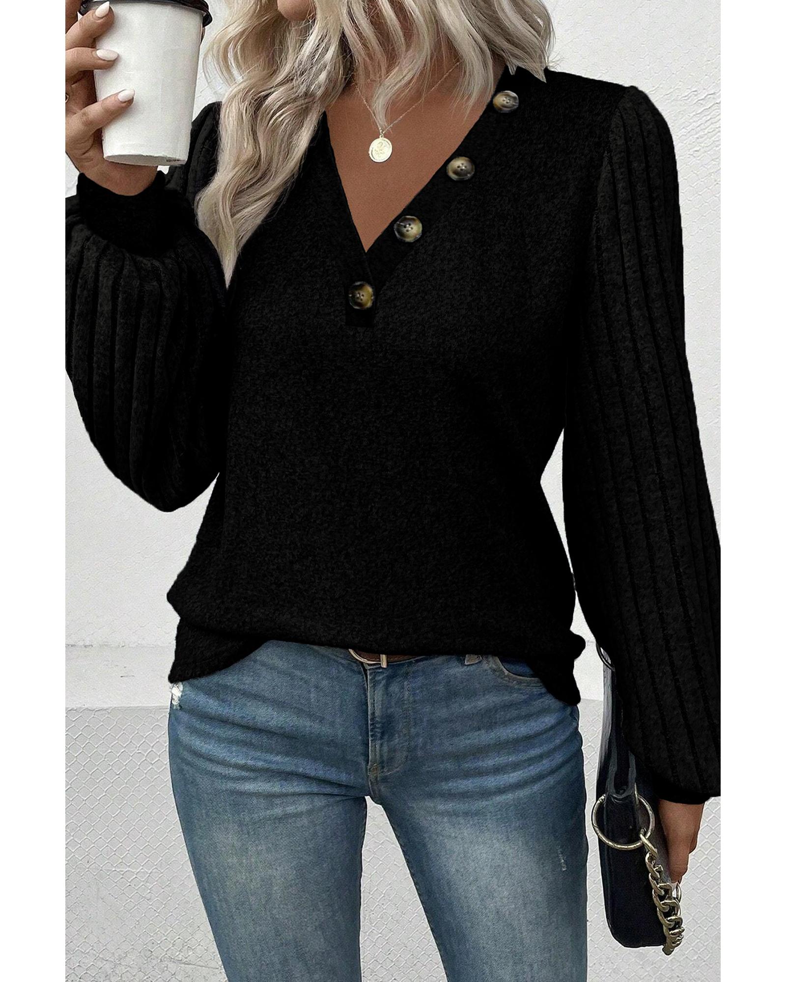 V539-AZEXDC25223967-P2-S-202506121135-00 Azura Exchange Black Buttoned V Neck Ribbed Puff Sleeve Top - S - Image 1