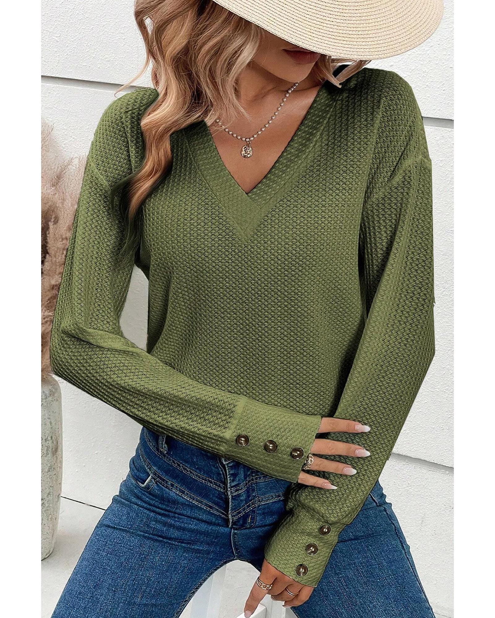 V539-AZEXDC25223991-P609-S-202506121136-01 Jungle Green Textured Knit V Neck Button Cuffs Long Sleeve Top - S - Image 2