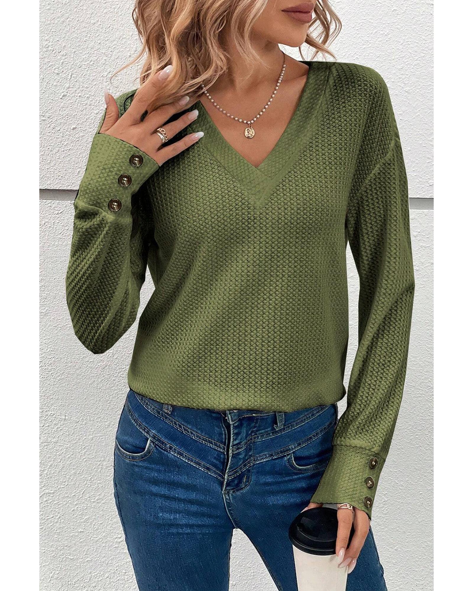 V539-AZEXDC25223991-P609-S-202506121136-04 Jungle Green Textured Knit V Neck Button Cuffs Long Sleeve Top - S - Image 5