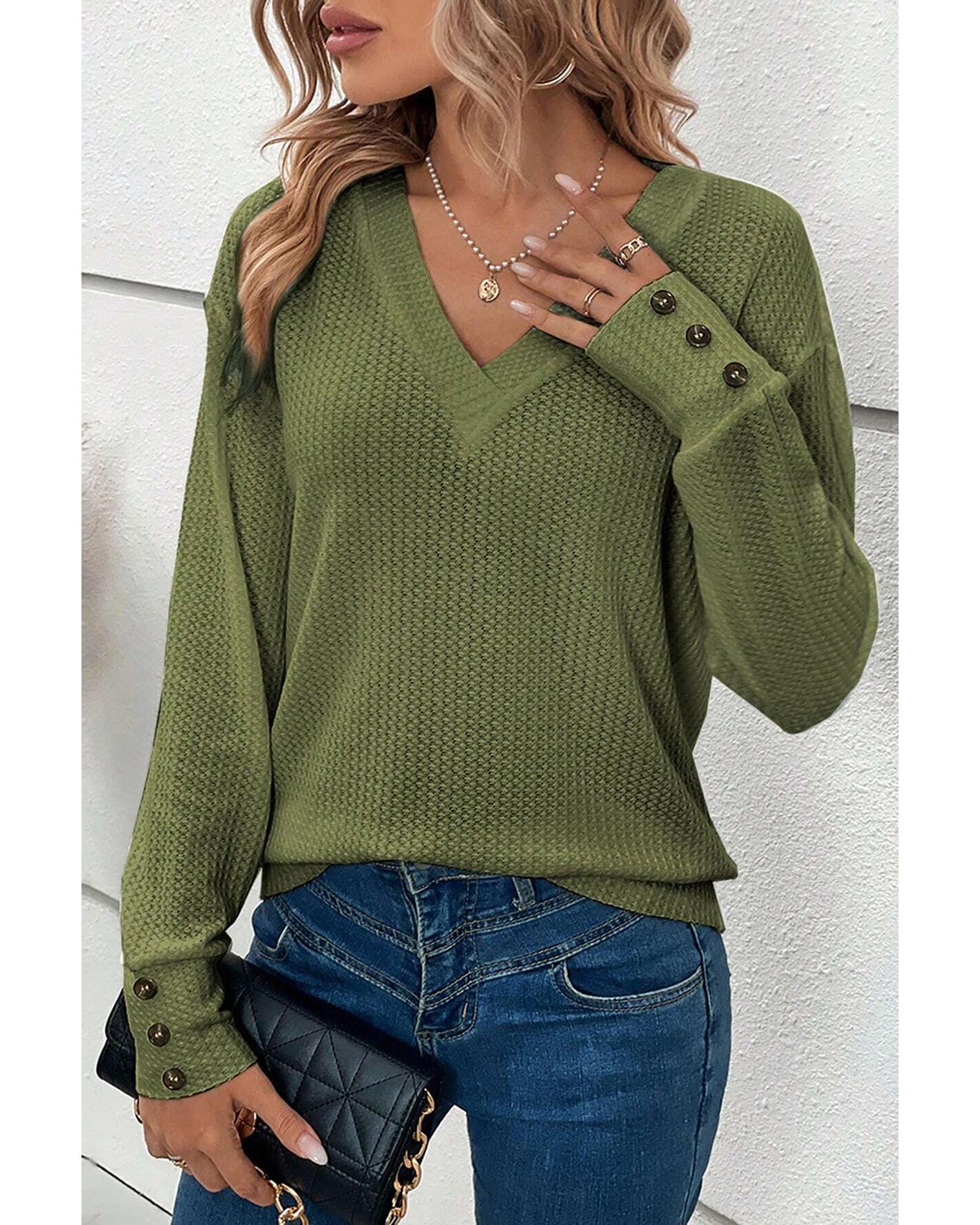 V539-AZEXDC25223991-P609-XL-202508272245-03 Jungle Green Textured Knit V Neck Button Cuffs Long Sleeve Top - XL - Image 4