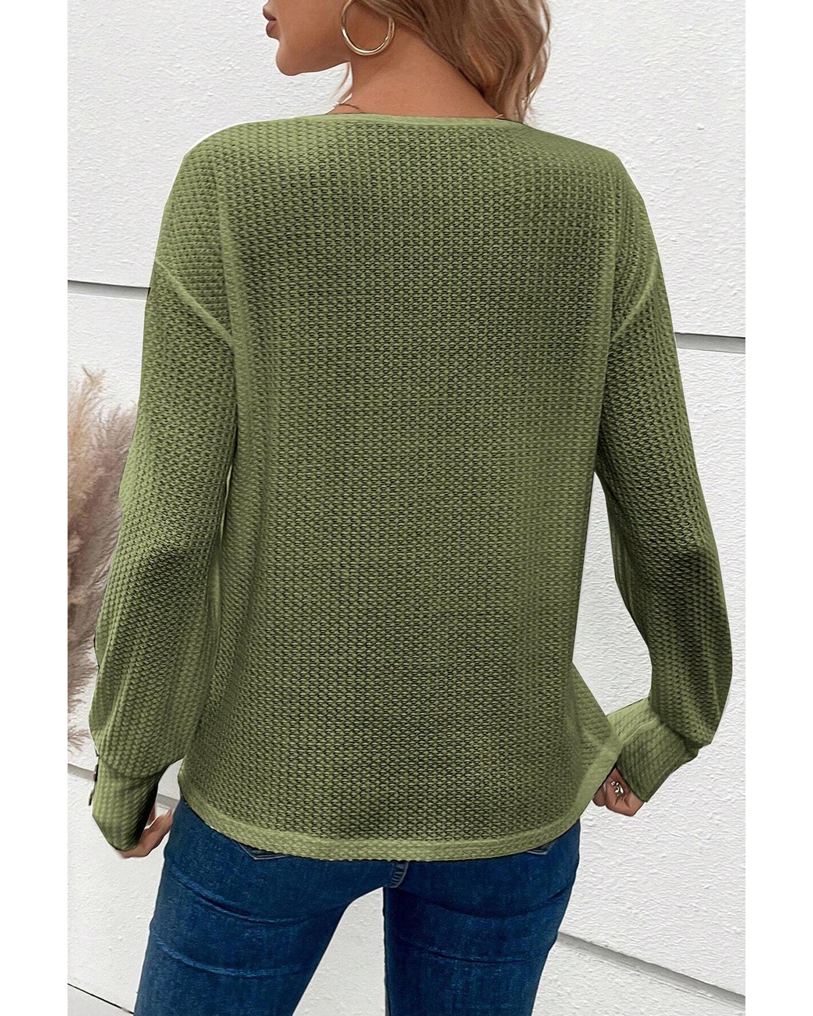 V539-AZEXDC25223991-P609-XL-202508272245-05 Jungle Green Textured Knit V Neck Button Cuffs Long Sleeve Top - XL - Image 6