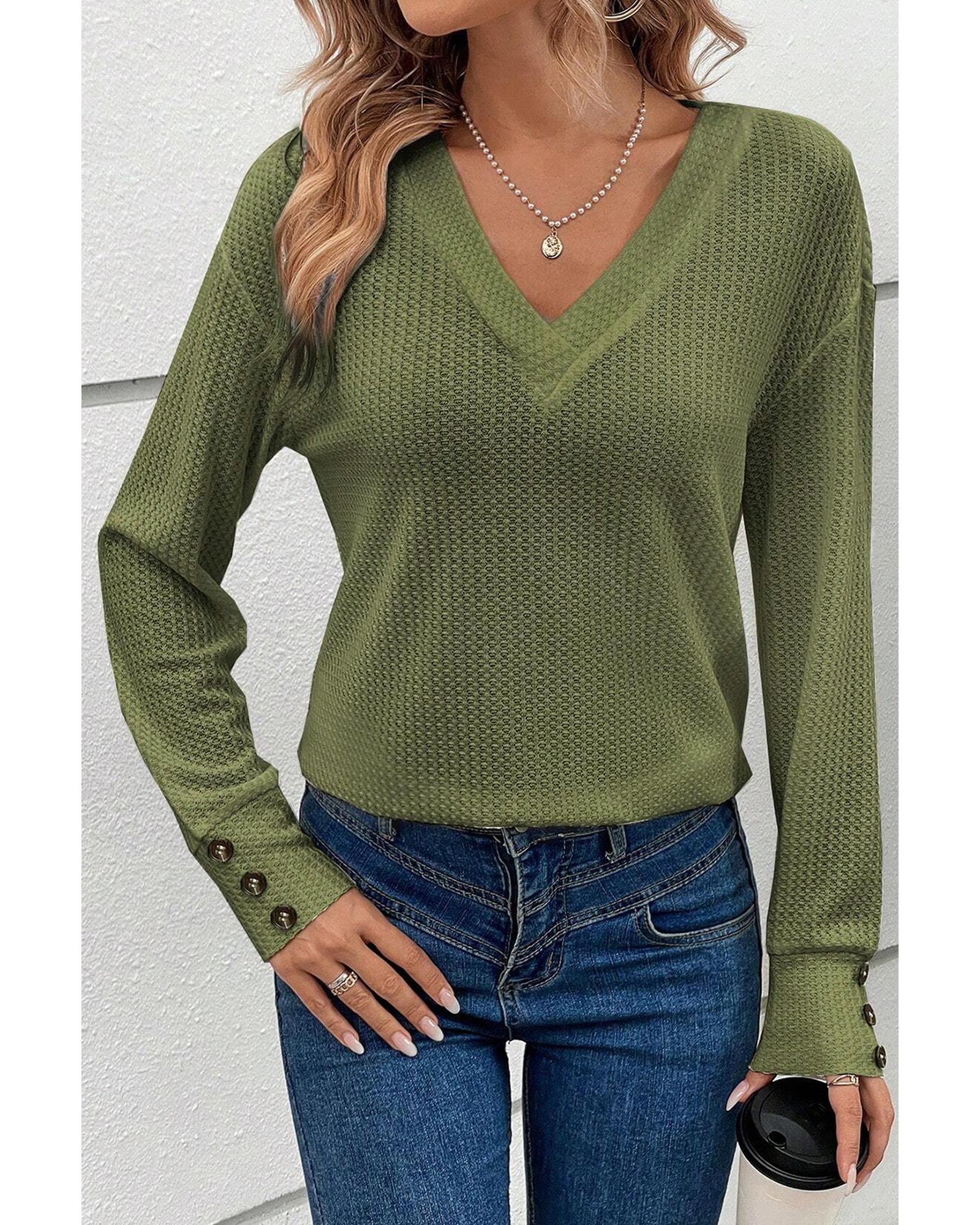 V539-AZEXDC25223991-P609-XL-202508272245-06 Jungle Green Textured Knit V Neck Button Cuffs Long Sleeve Top - XL - Image 7