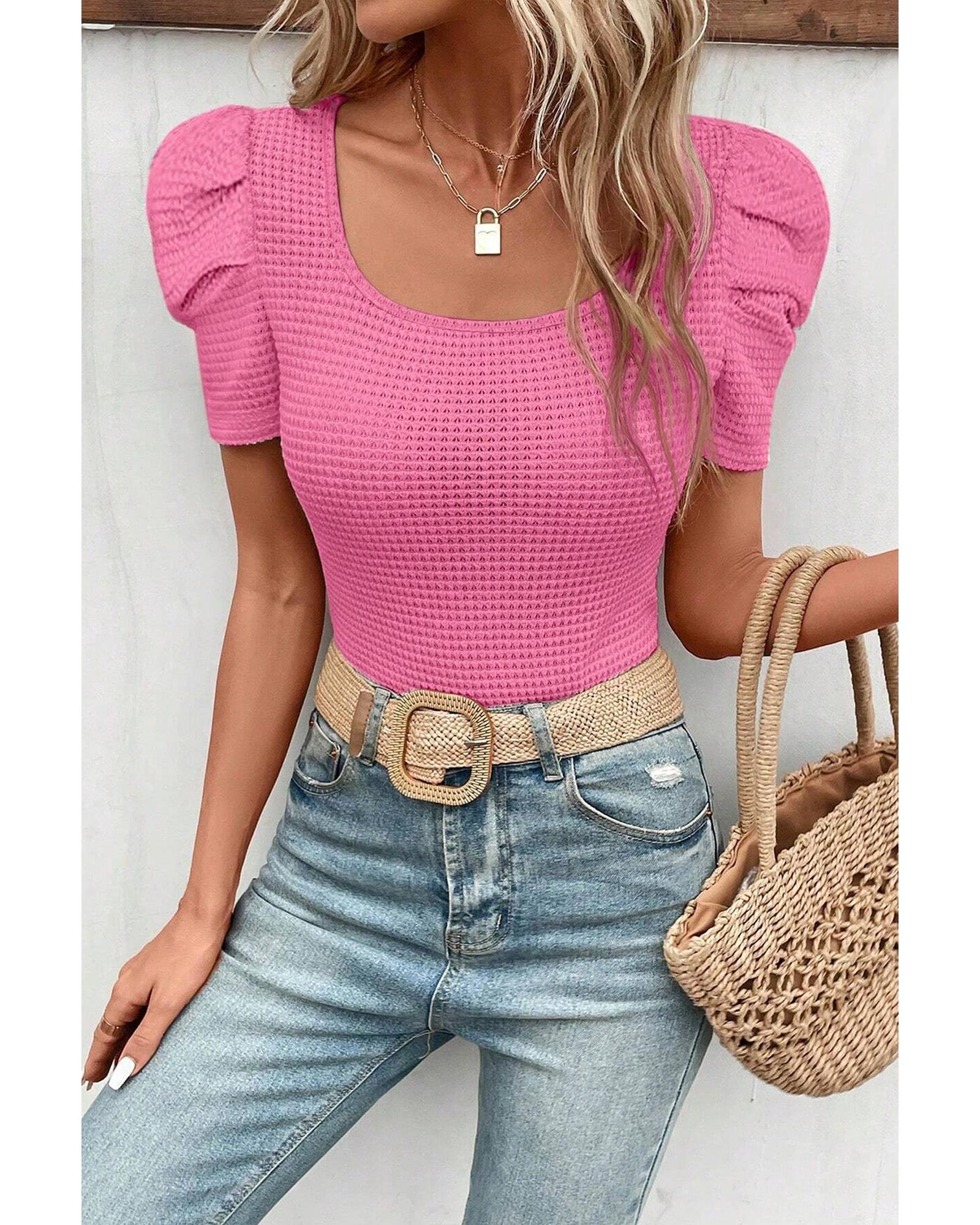 V539-AZEXDC25224366-P106-L-202508270320-00 Bright Pink Waffle Knit Ruched Puff Sleeve Top - L - Image 1