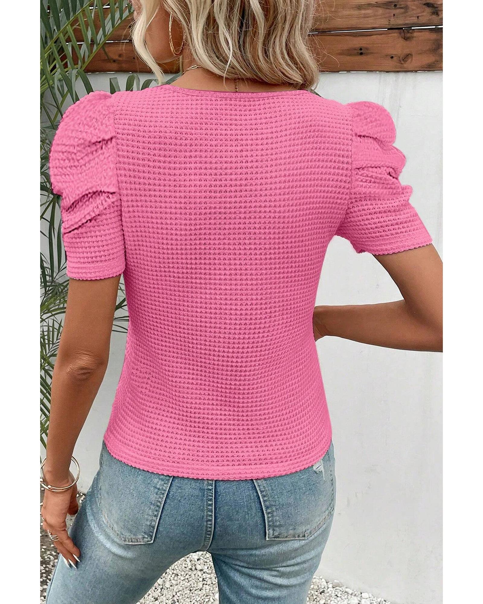 V539-AZEXDC25224366-P106-M-202508270500-00 Bright Pink Waffle Knit Ruched Puff Sleeve Top - M - Image 1
