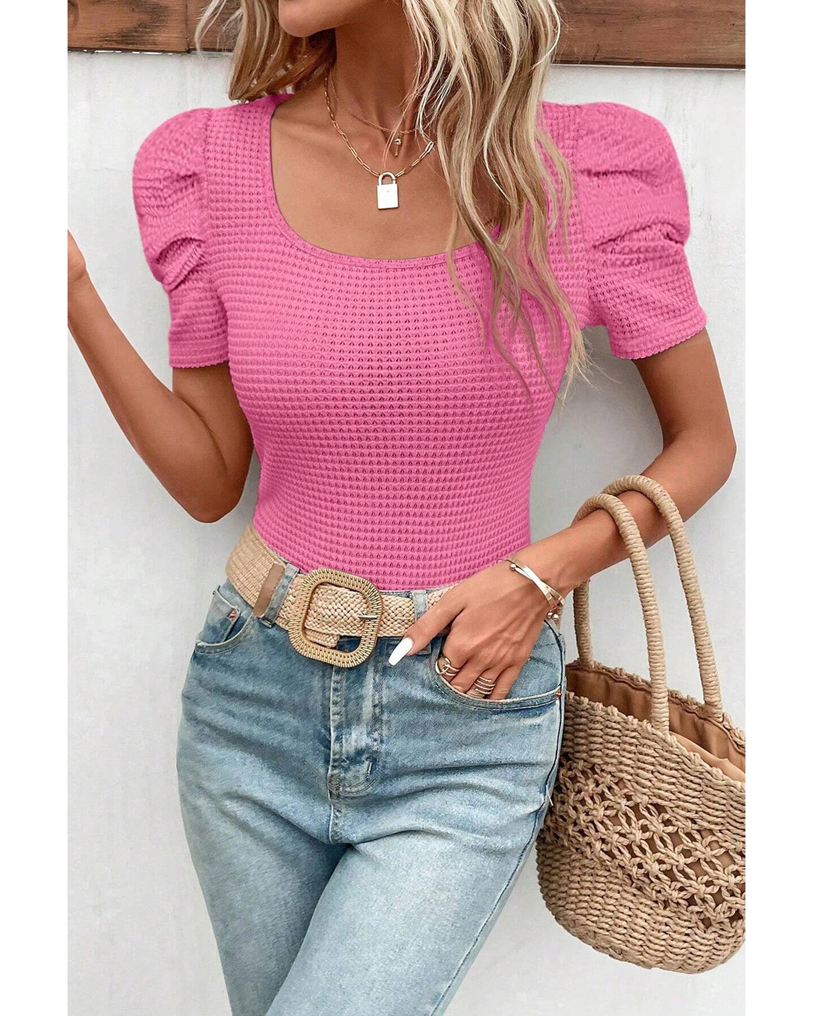 V539-AZEXDC25224366-P106-XL-202508270740-00 Bright Pink Waffle Knit Ruched Puff Sleeve Top - XL - Image 1