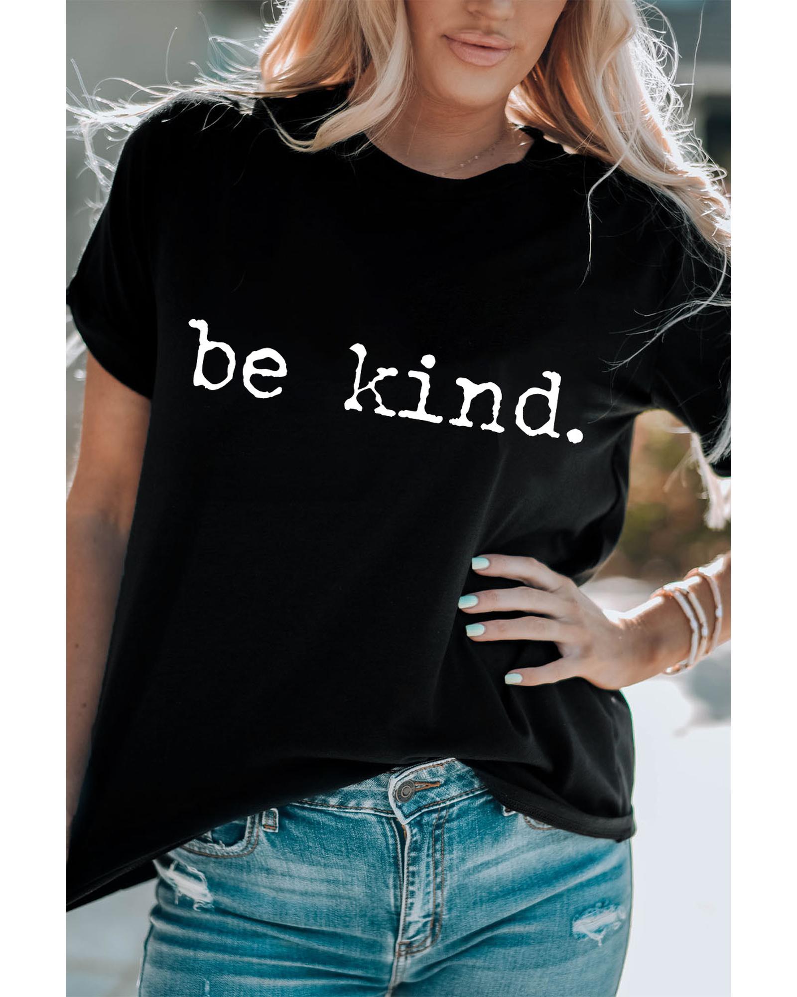 V539-AZEXDC25224795-2-M-202508271925-00 Black be kind Letter Print Round Neck Casual T Shirt - M - Image 1