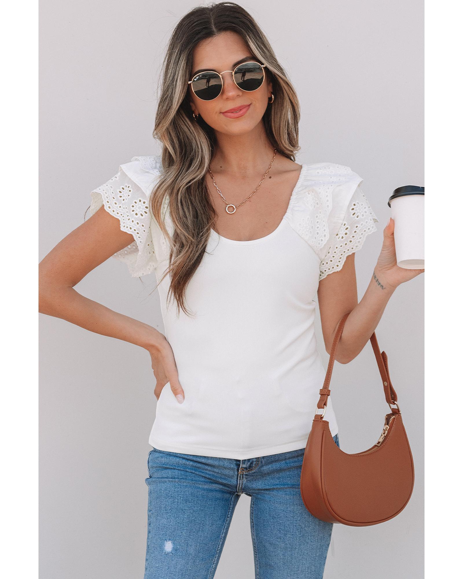 V539-AZEXDC25224993-P1-2XL-202508271600-00 White Eyelet Ruffle Sleeve Slim Fitted Top - 2XL - Image 1