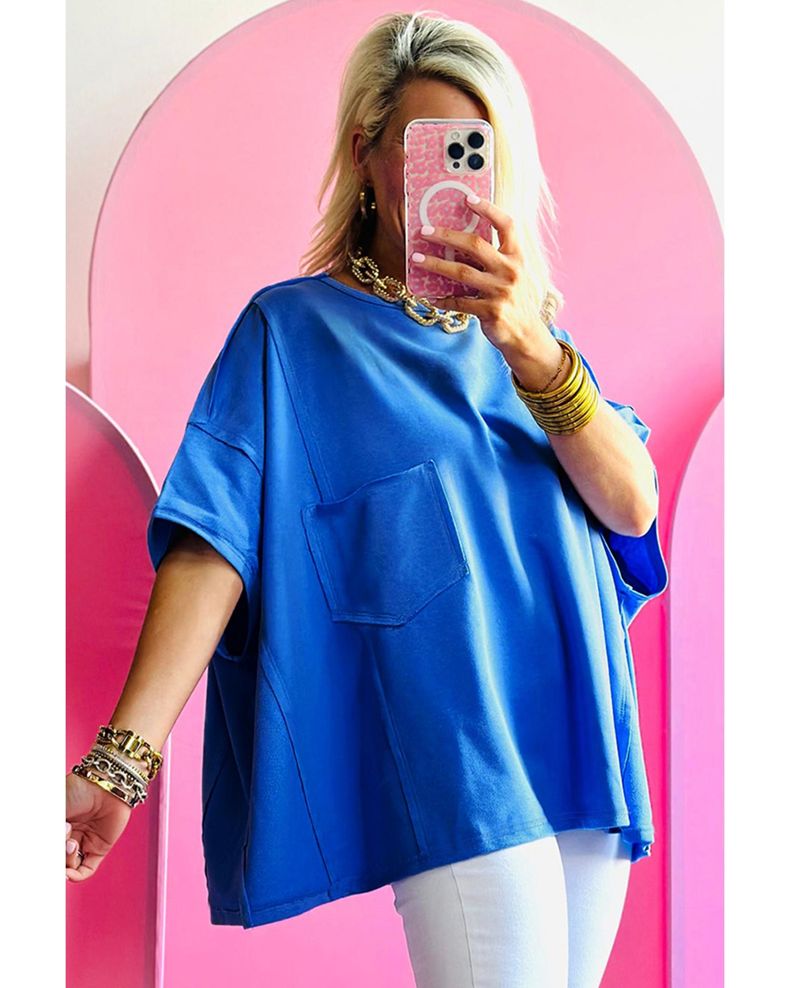 V539-AZEXDC25225159-P305-L-202508271315-00 Blue Patched Pocket Exposed Seam Oversize T-shirt - L - Image 1