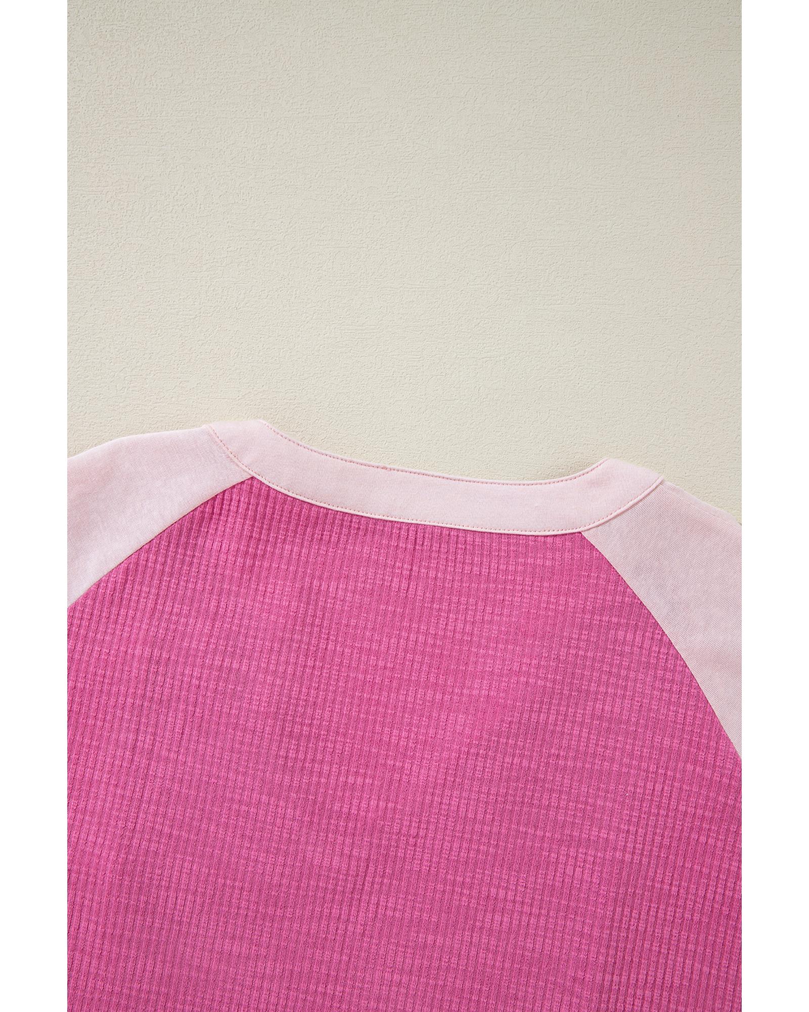 V539-AZEXDC25225996-P106-S-202506121827-00 Bright Pink Textured Colorblock 3/4 Sleeve Oversize Top - S - Image 1