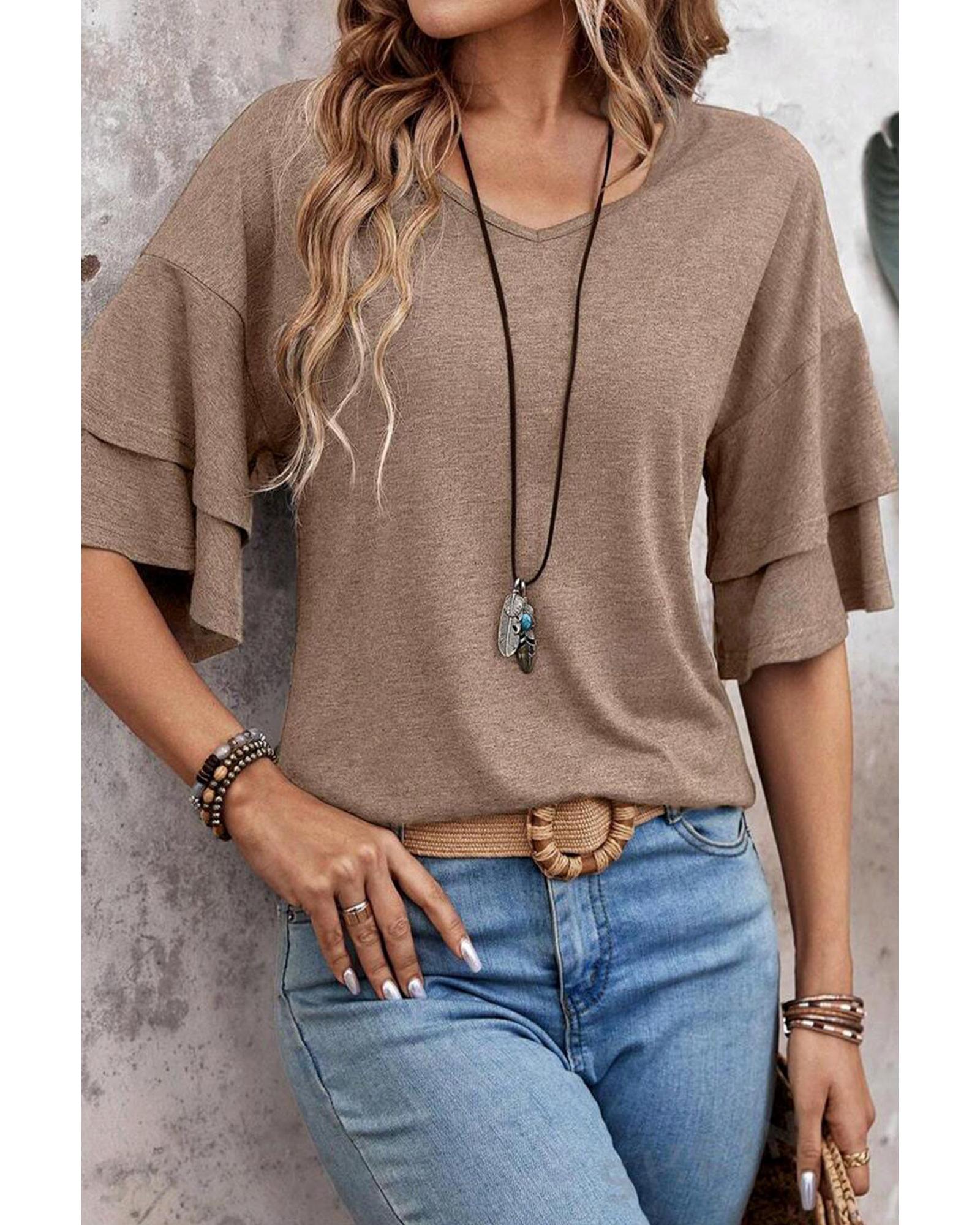 V539-AZEXDC25226075-P10017-2XL-202508270850-00 DUNE Solid Colour V-Neck Double Layer Sleeve Loose T-Shirt - 2XL - Image 1
