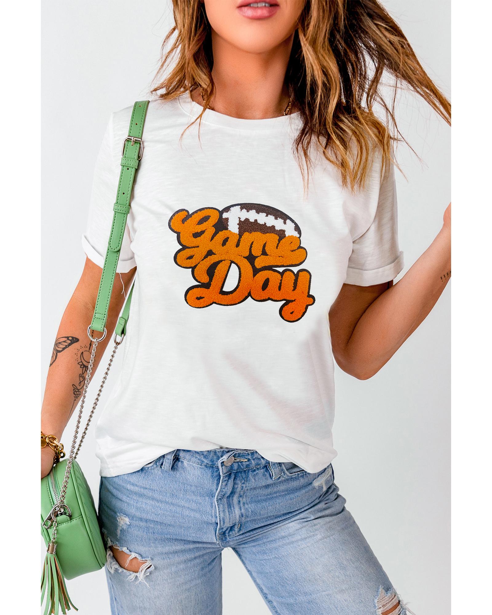 V539-AZEXDC25226663-1-XL-202508271735-00 White Chenille Game Day Rugby Football Pattern Crewneck T Shirt - XL - Image 1