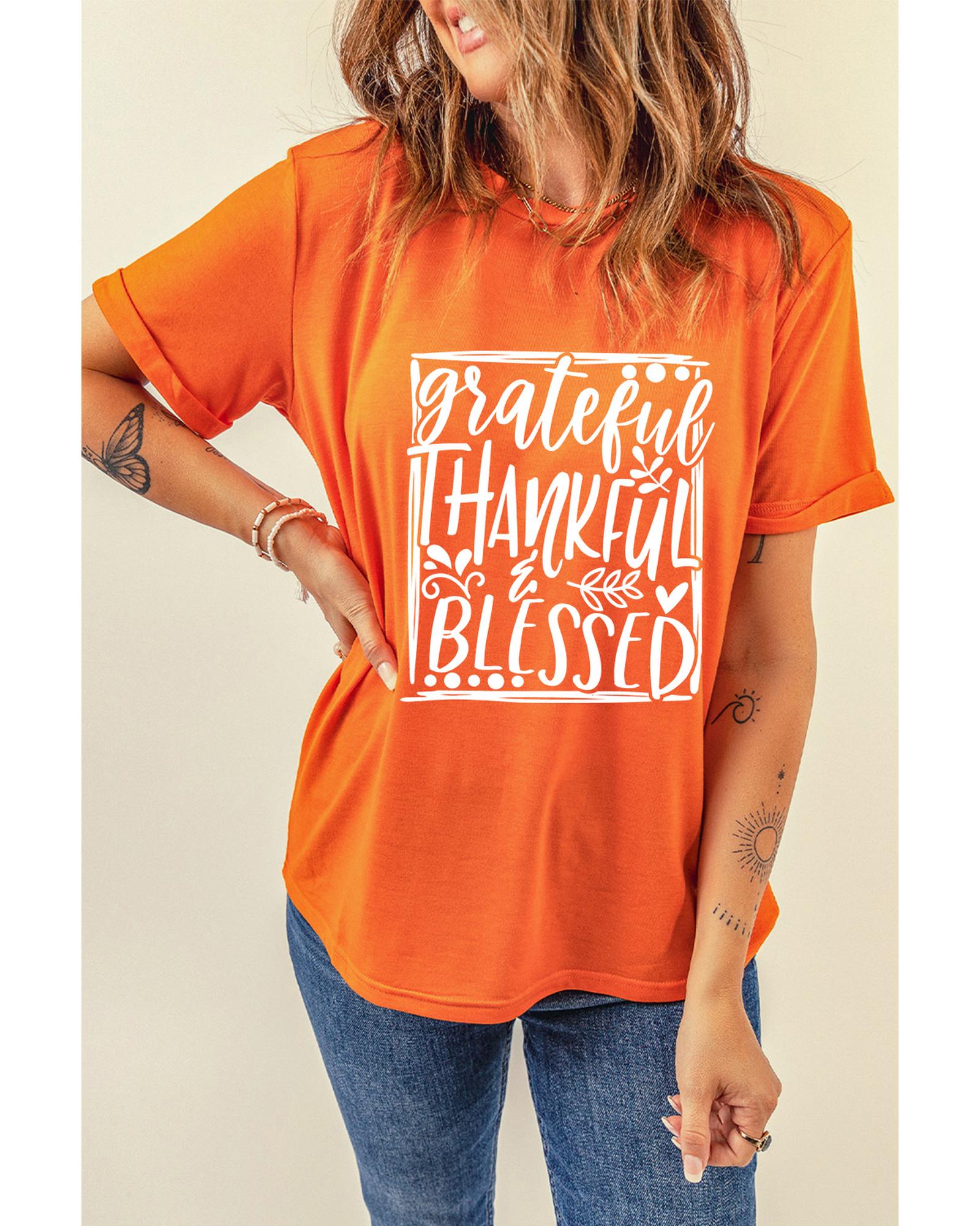 V539-AZEXDC25226679-14-S-202506121616-00 Orange Grateful Thankful Blessed Printed Thanksgiving T Shirt - S - Image 1