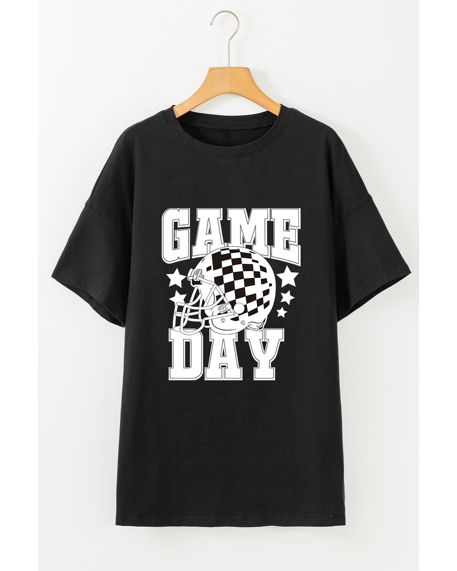 V539-AZEXDC25226701-P2-L-202508271815-00 Black GAME DAY Checkerboard Rugby Football Helmet T Shirt - L - Image 1