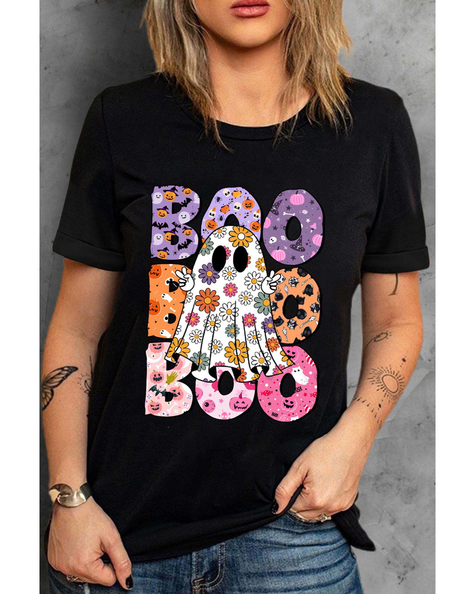 V539-AZEXDC25226725-2-XL-202508270915-00 Black BOO Floral Ghost Print Crew Neck Halloween T Shirt - XL - Image 1