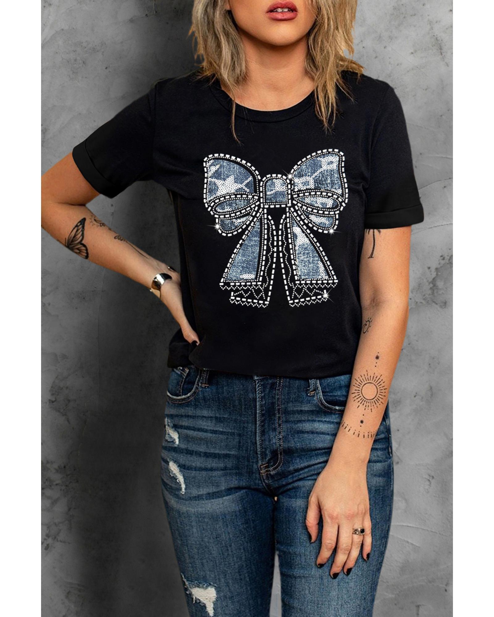 V539-AZEXDC25226736-2-M-202508270815-00 Black Rhinestone Bowknot Graphic Crewneck T Shirt - M - Image 1
