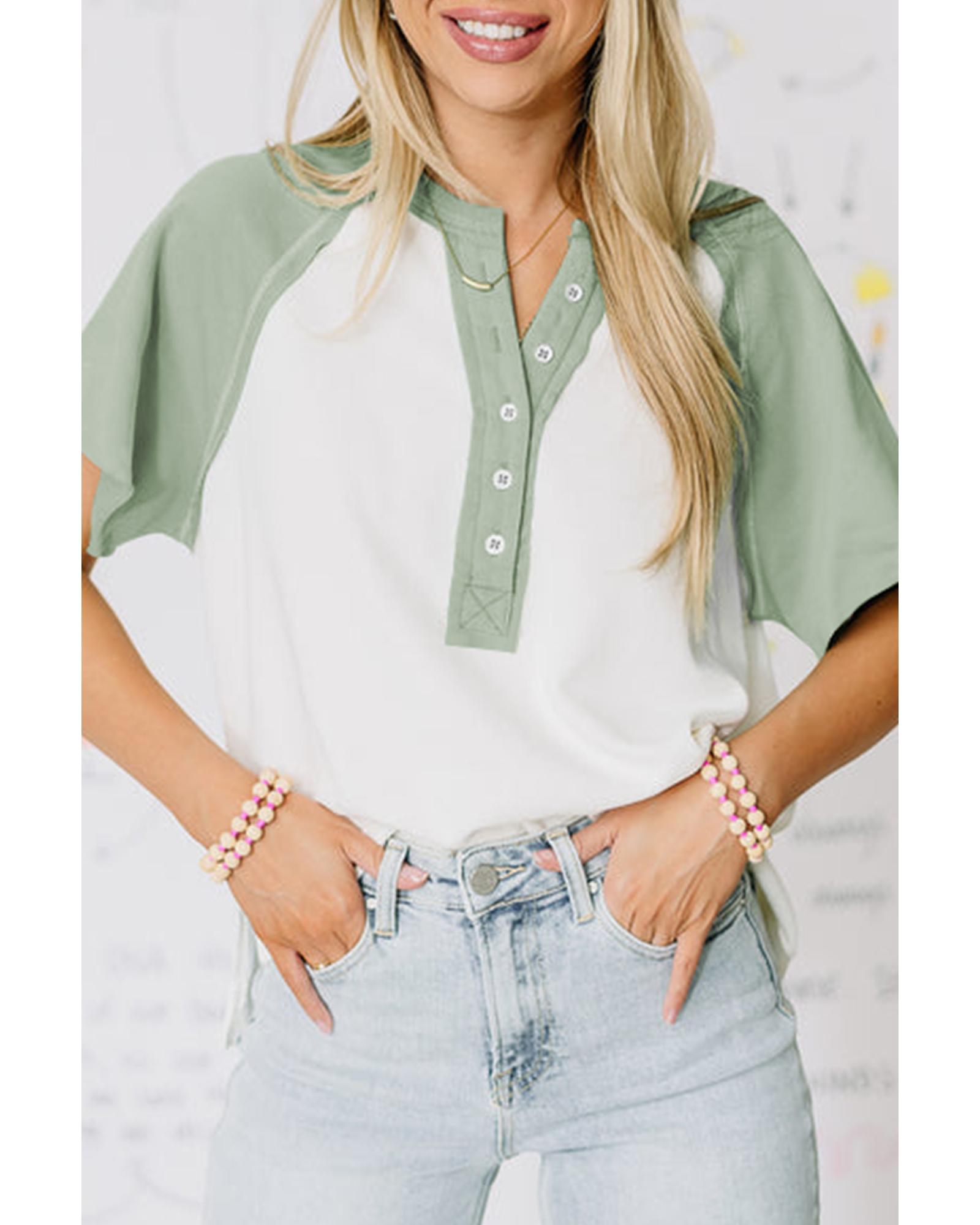 V539-AZEXDC25226757-P2709-M-202508270655-00 Clearly Aqua Colorblock Raglan Short Sleeve Half Buttons High Low T Shirt - M - Image 1