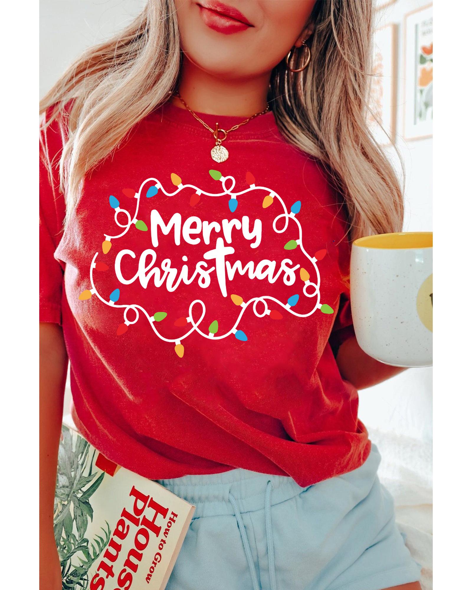 V539-AZEXDC25226782-103-S-202506122010-00 Red Merry Christmas Lights Print Crew Neck T Shirt - S - Image 1