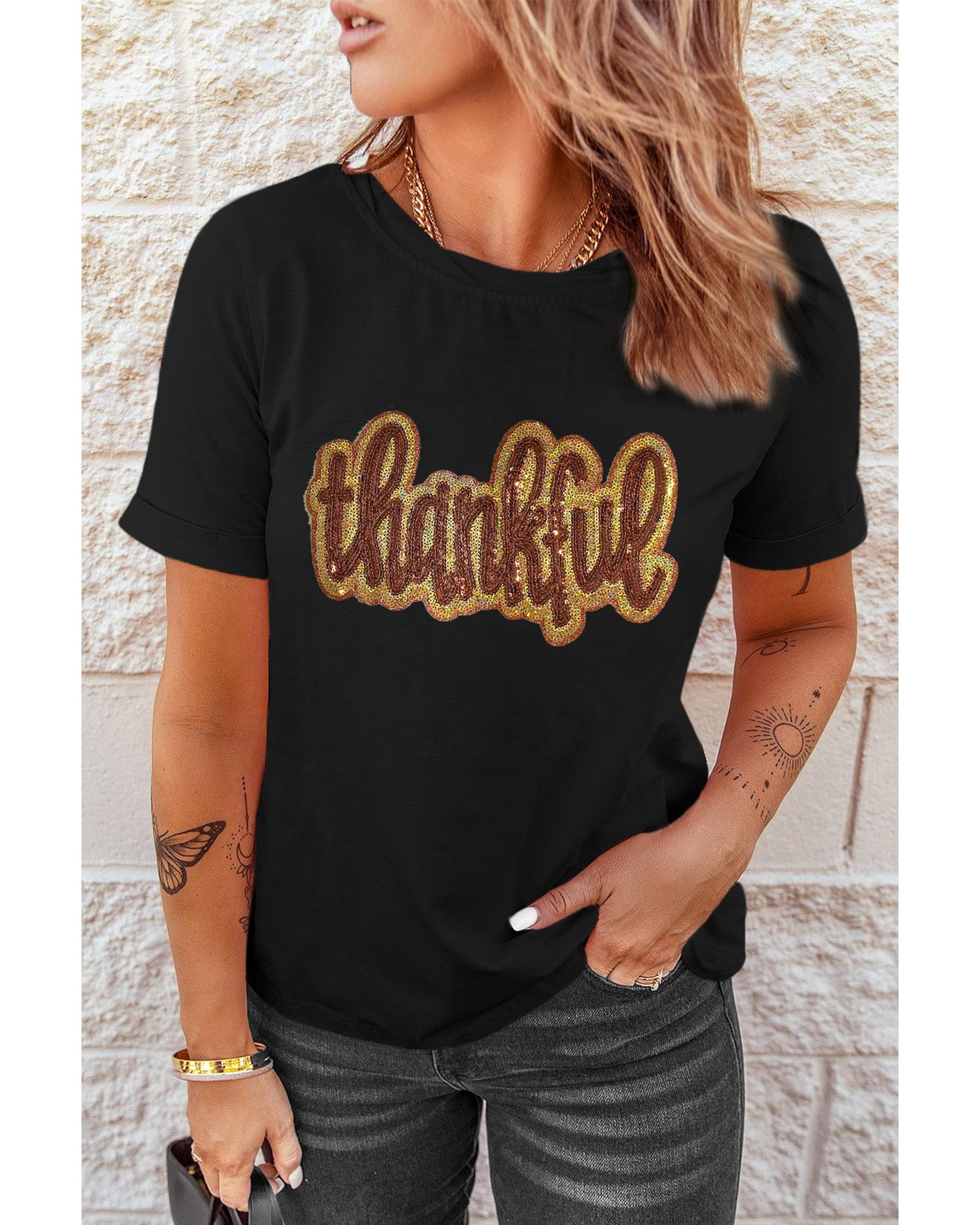 V539-AZEXDC25226827-2-2XL-202508291900-00 Black Sequined Thankful Round Neck Graphic Tee - 2XL - Image 1
