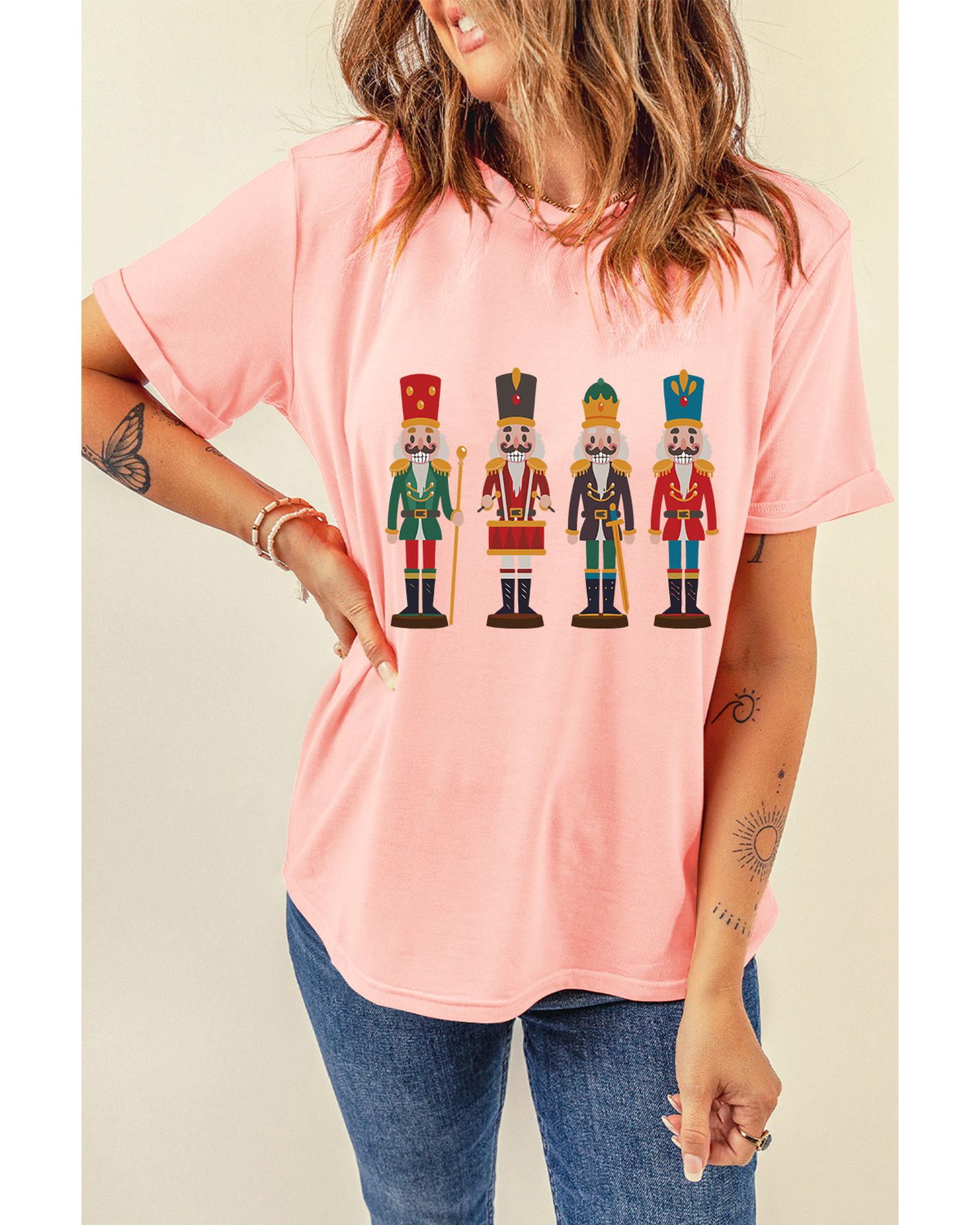 V539-AZEXDC25226860-10-S-202506121530-00 Pink Cute Nutcracker Graphic Crewneck Christmas T Shirt - S - Image 1