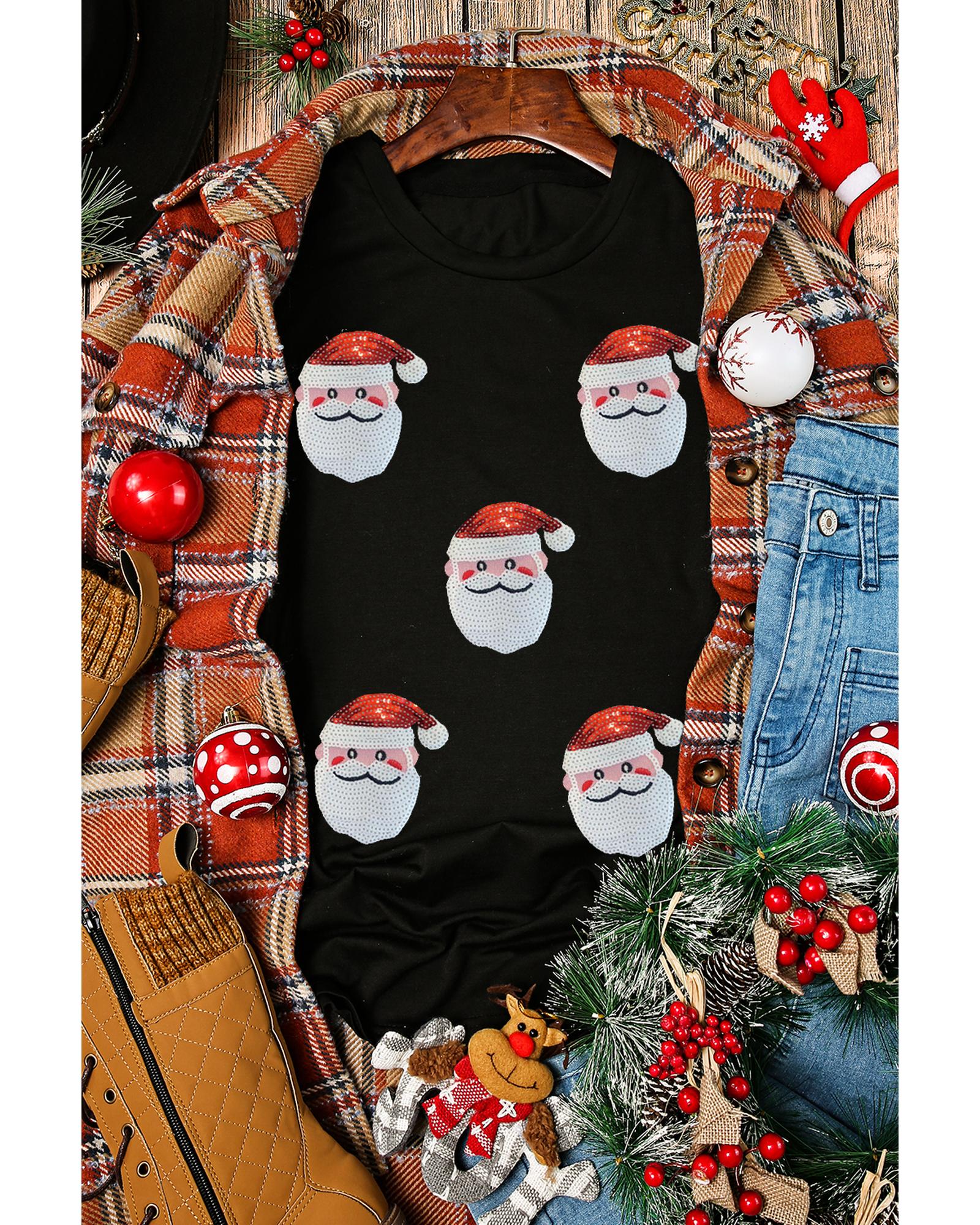 V539-AZEXDC25226862-2-L-202508292100-00 Black Sequin Christmas Claus Pattern Crewneck T Shirt - L - Image 1