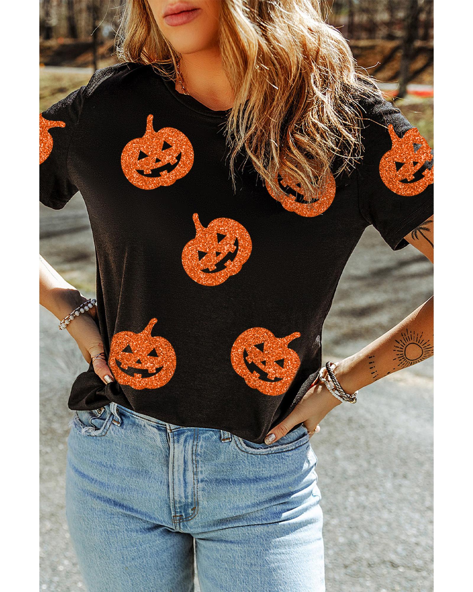 V539-AZEXDC25226900-2-M-202508282210-00 Black Glittering Pumpkin Face Graphic Crewneck Halloween T Shirt - M - Image 1