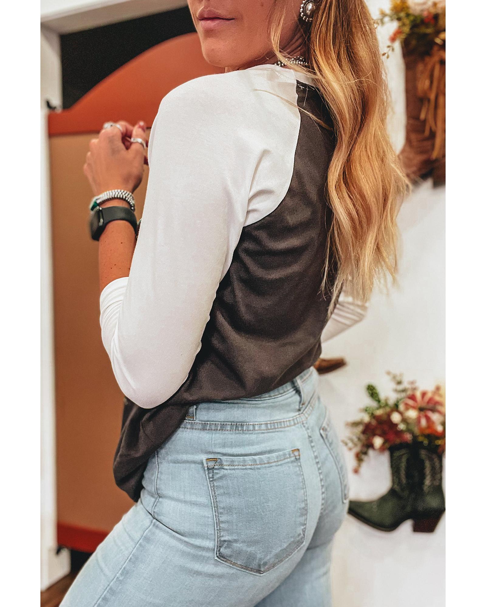 V539-AZEXDC25227001-P1720-M-202508280105-01 Brown Western Yeehaw Graphic Vintage Raglan Long Sleeve Top - M - Image 2