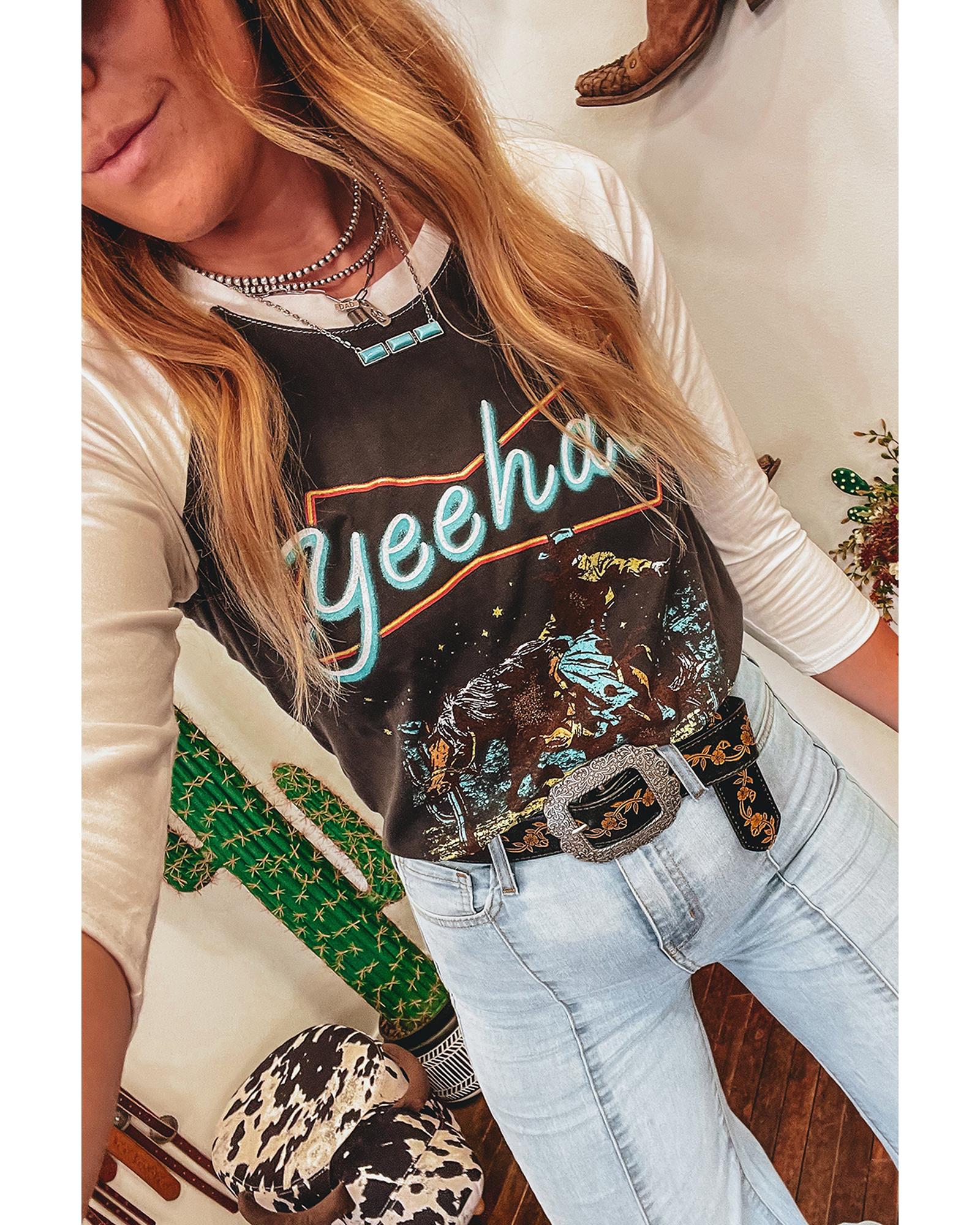 V539-AZEXDC25227001-P1720-M-202508280105-03 Brown Western Yeehaw Graphic Vintage Raglan Long Sleeve Top - M - Image 4