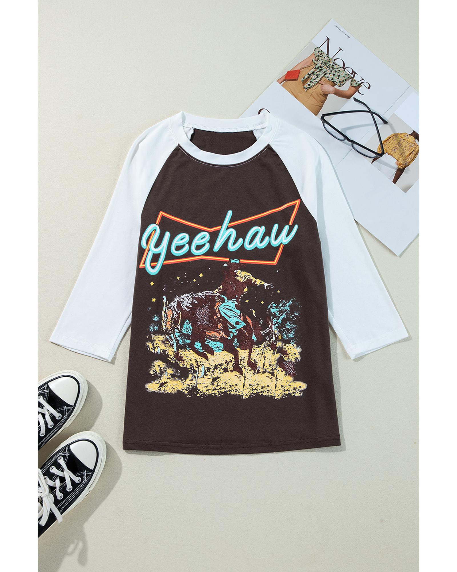 V539-AZEXDC25227001-P1720-M-202508280105-07 Brown Western Yeehaw Graphic Vintage Raglan Long Sleeve Top - M - Image 8
