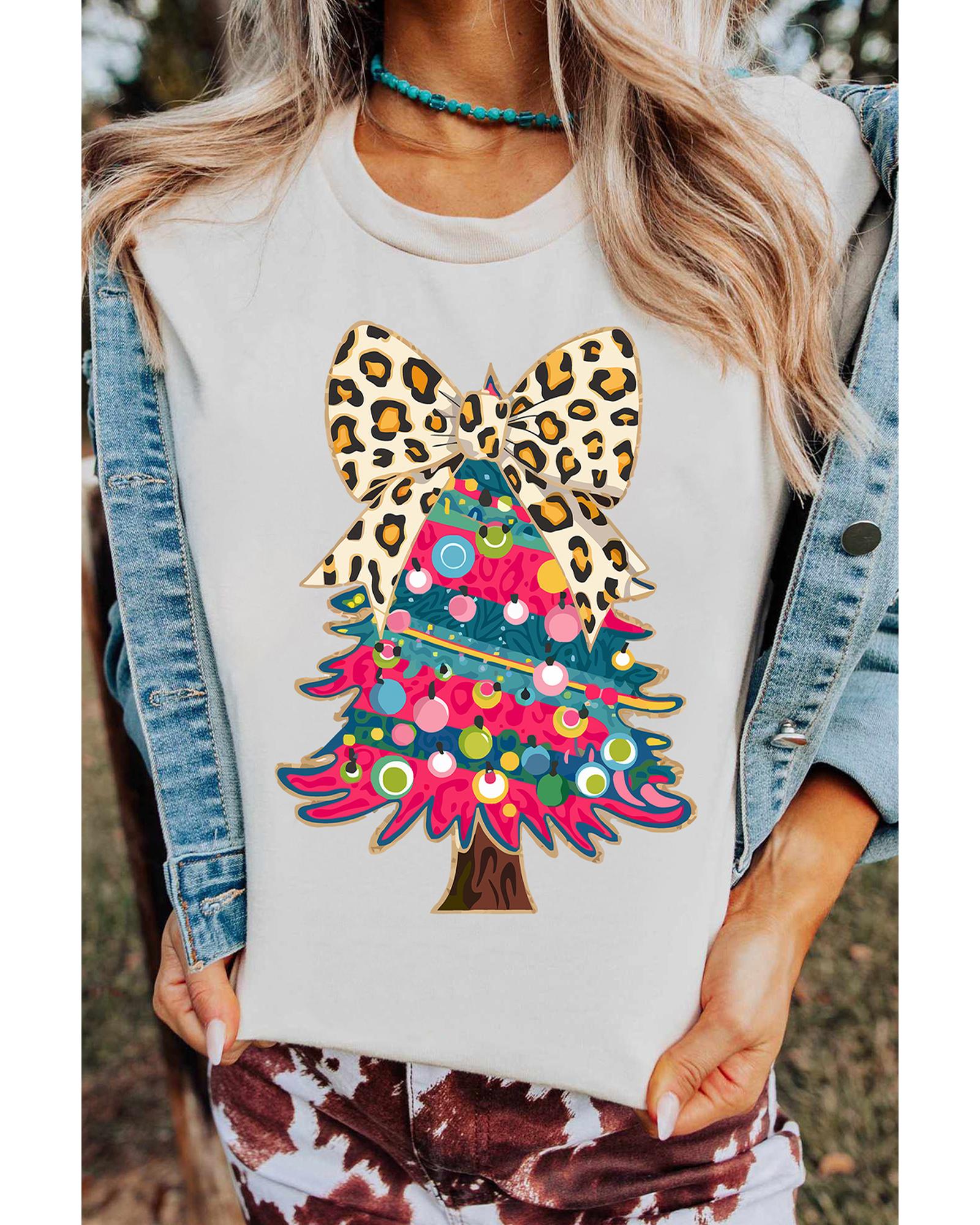 V539-AZEXDC25227168-1-XL-202508300510-00 White Leopard Bow Decor Christmas Tree Graphic Crew Neck Tee - XL - Image 1