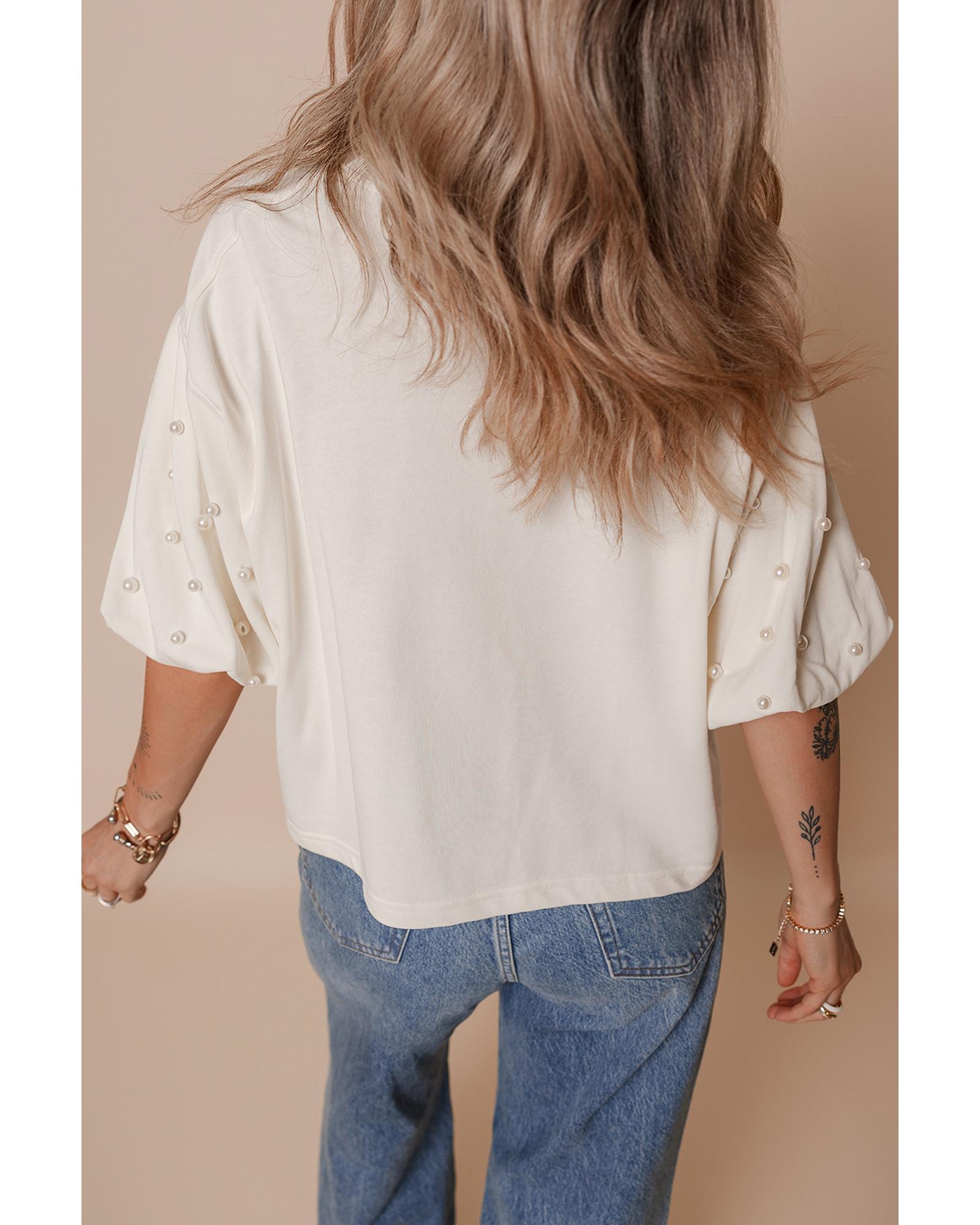 V539-AZEXDC25227298-P1-L-202508300240-00 White Pearled Puff Sleeve Round Neck Loose Top - L - Image 1
