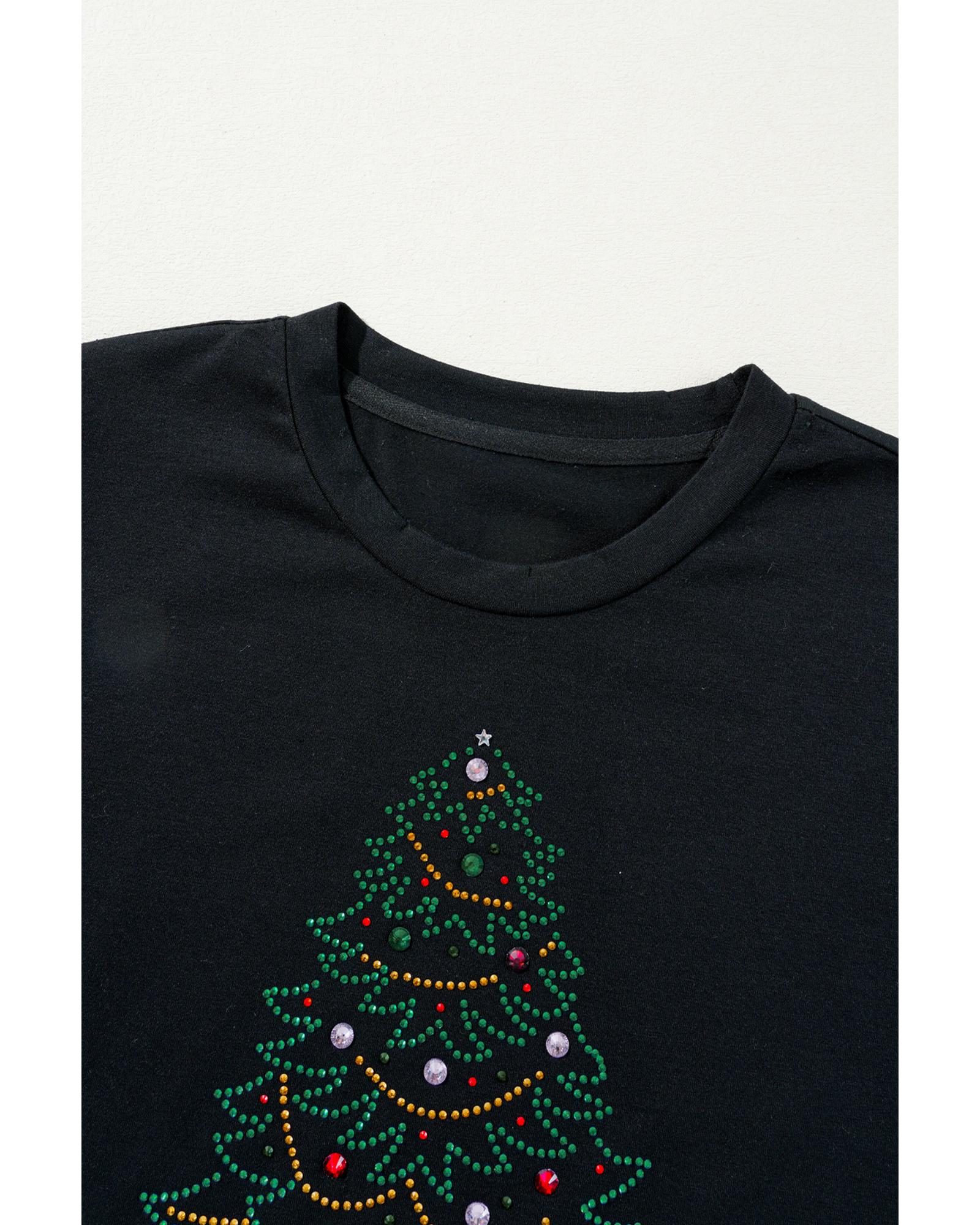 V539-AZEXDC25227373-2-XL-202508281245-00 Black Rhinestone Christmas Tree Round Neck Graphic Tee - XL - Image 1