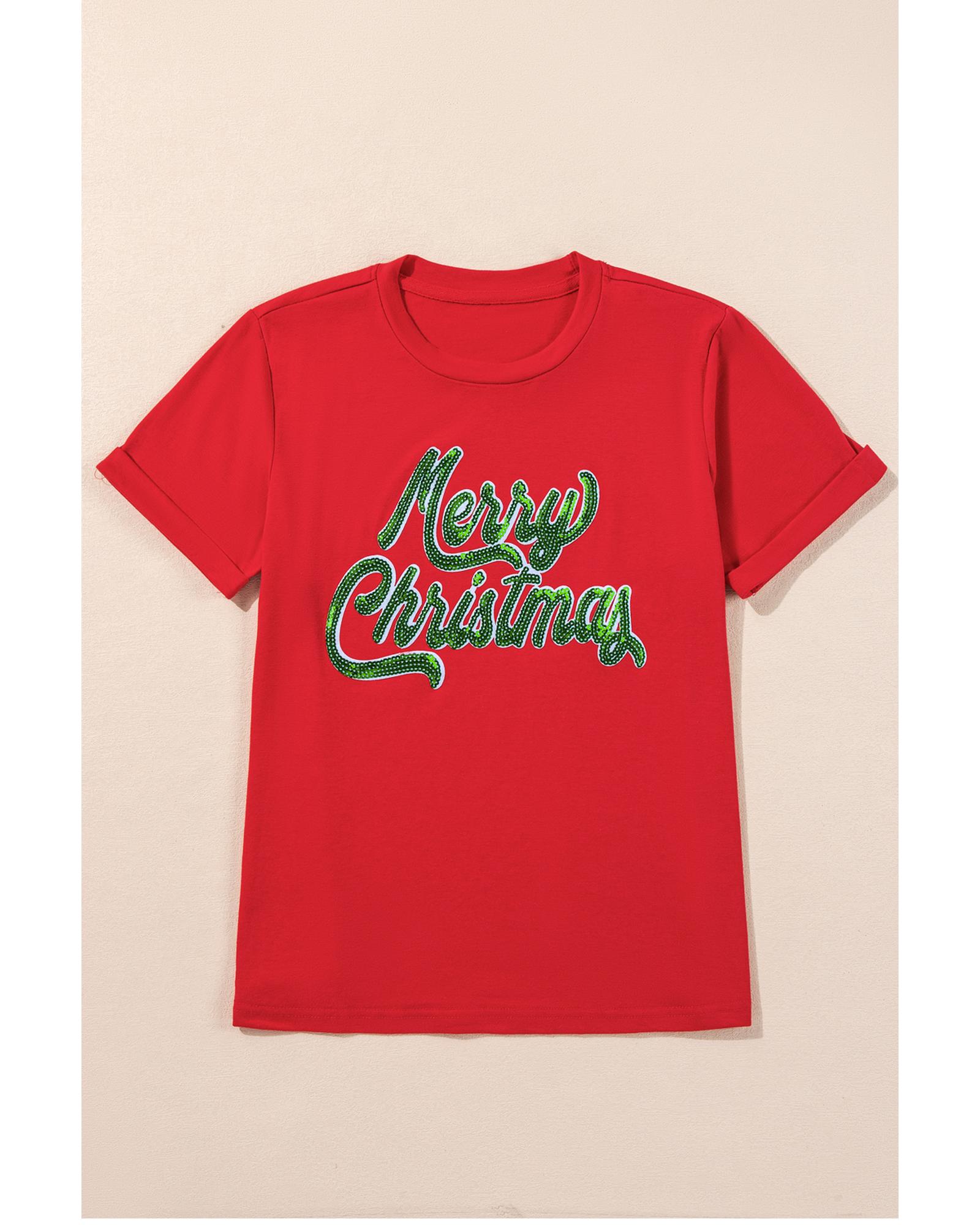 V539-AZEXDC25227410-103-S-202506121716-00 Red Merry Christmas Graphic Crewneck T Shirt - S - Image 1