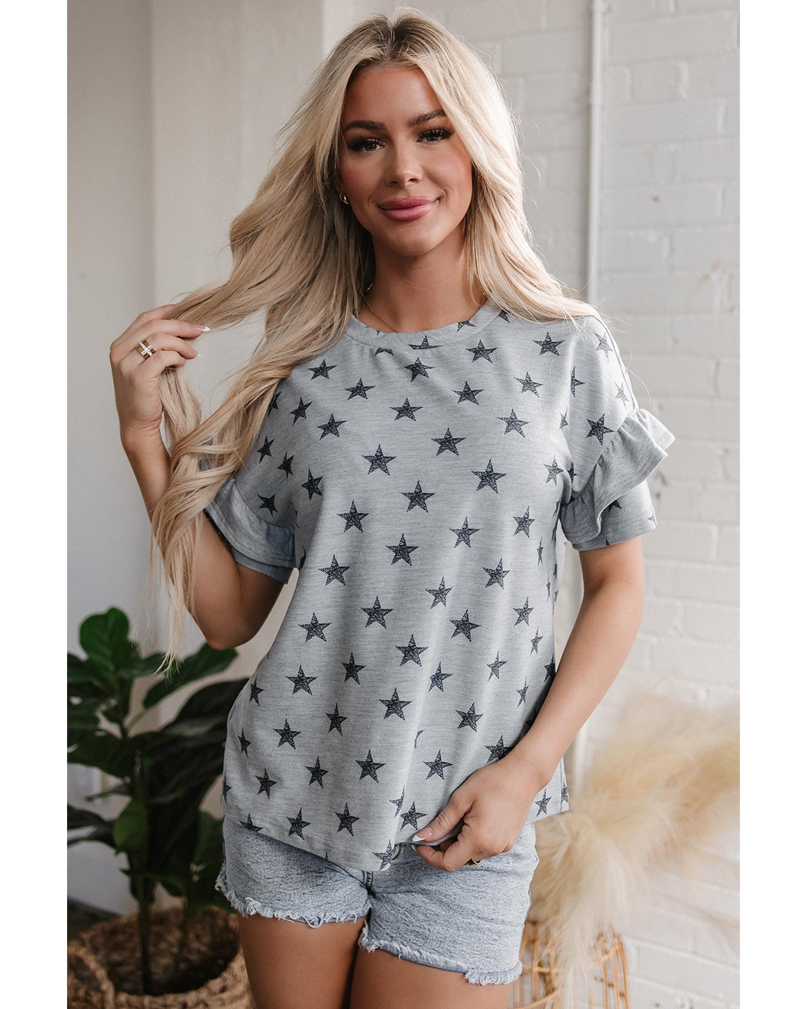 V539-AZEXDC25227684-P1120-S-202506122026-00 Gray Star Print Tiered Ruffled Sleeve Crew Neck T Shirt - S - Image 1