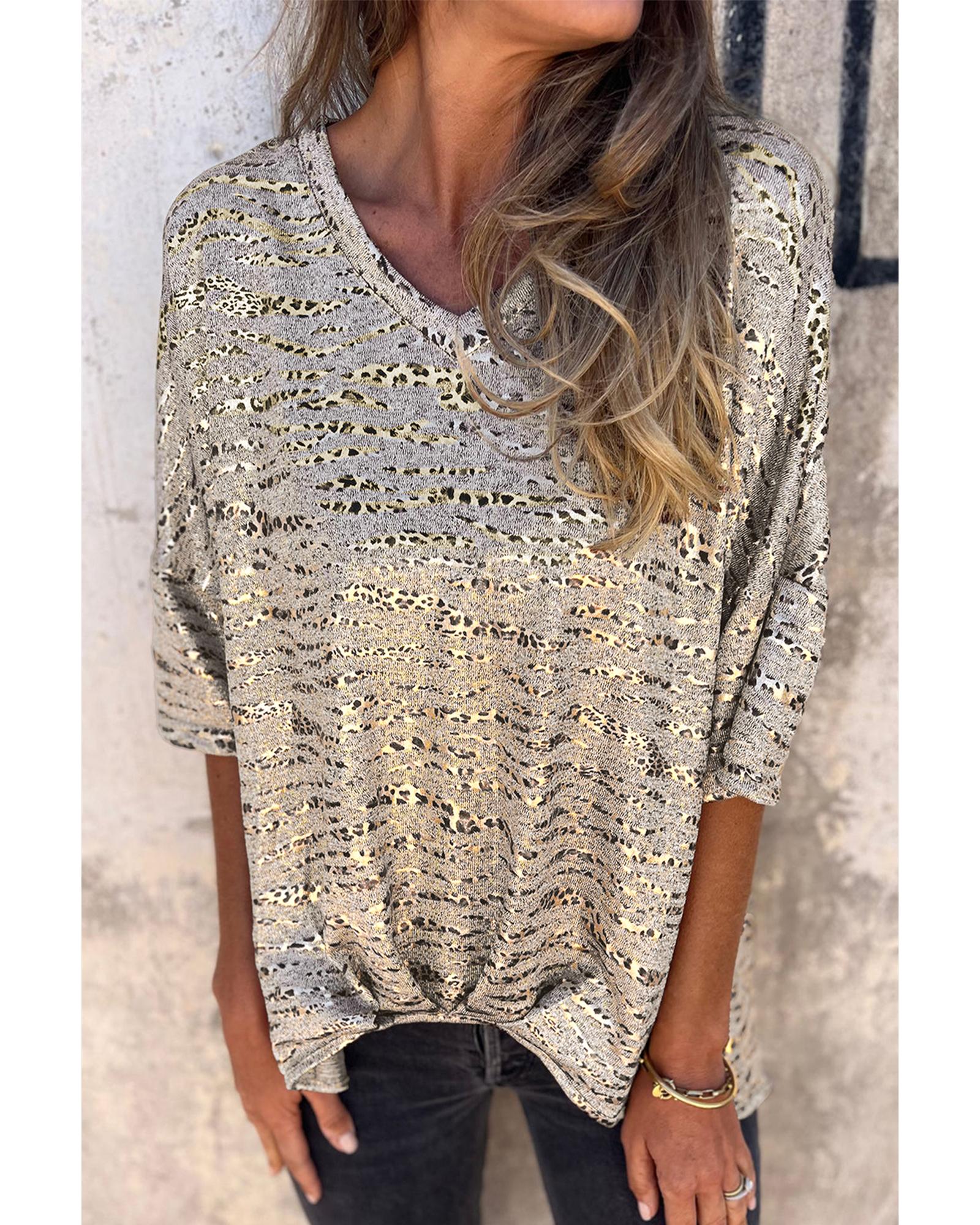 V539-AZEXDC25227920-P1120-M-202508280935-00 Gray Leopard Print Half Sleeve V Neck Loose Fit T Shirt - M - Image 1