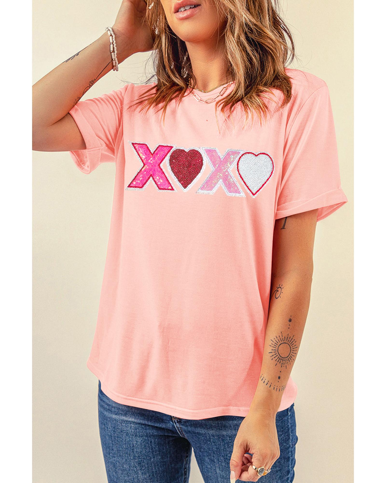 V539-AZEXDC25227986-10-2XL-202508281145-00 Pink Sequin Heart XOXO Patched Graphic Valentines T Shirt - 2XL - Image 1