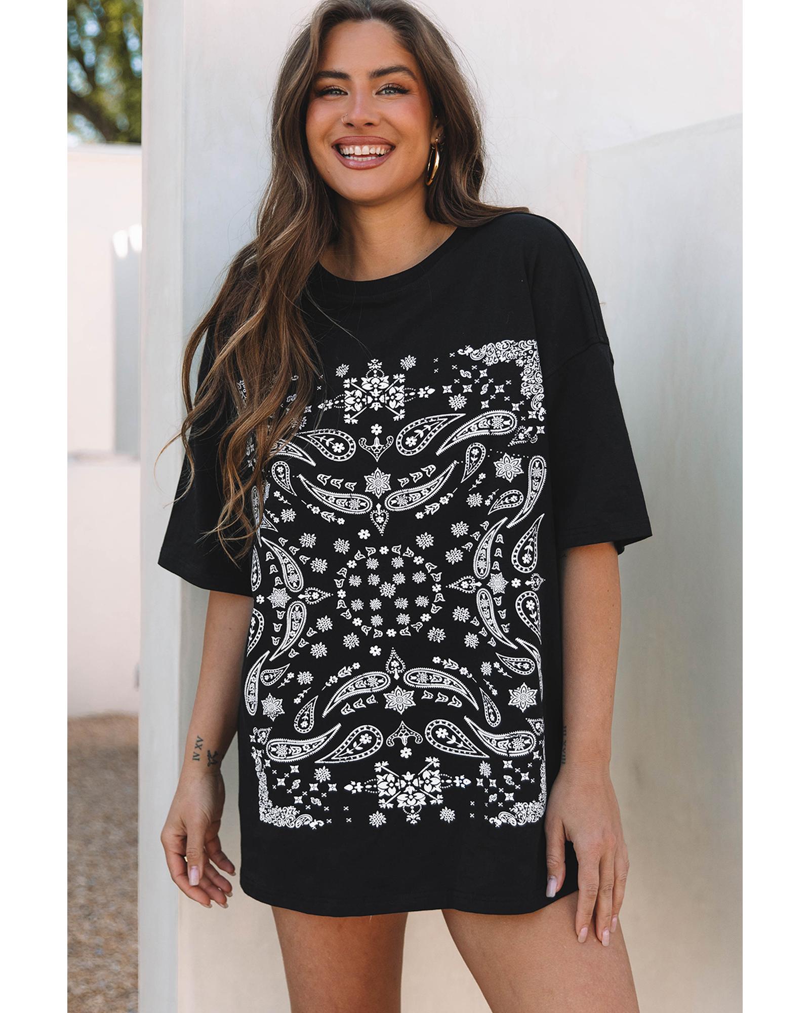 V539-AZEXDC25228020-P2-L-202508281600-00 Black Paisley Print Crew Neck Loose Fit Tunic Tee - L - Image 1